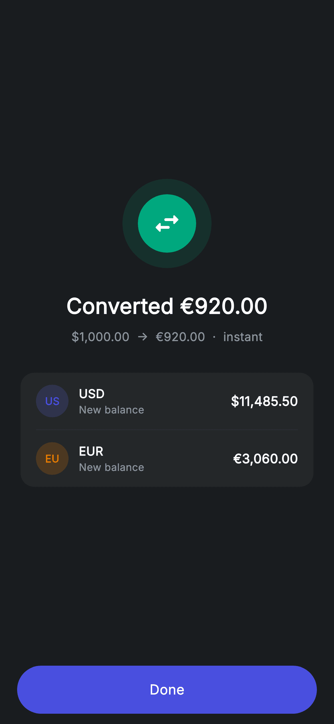 Exchange Success — Fintech Flutter UI screen