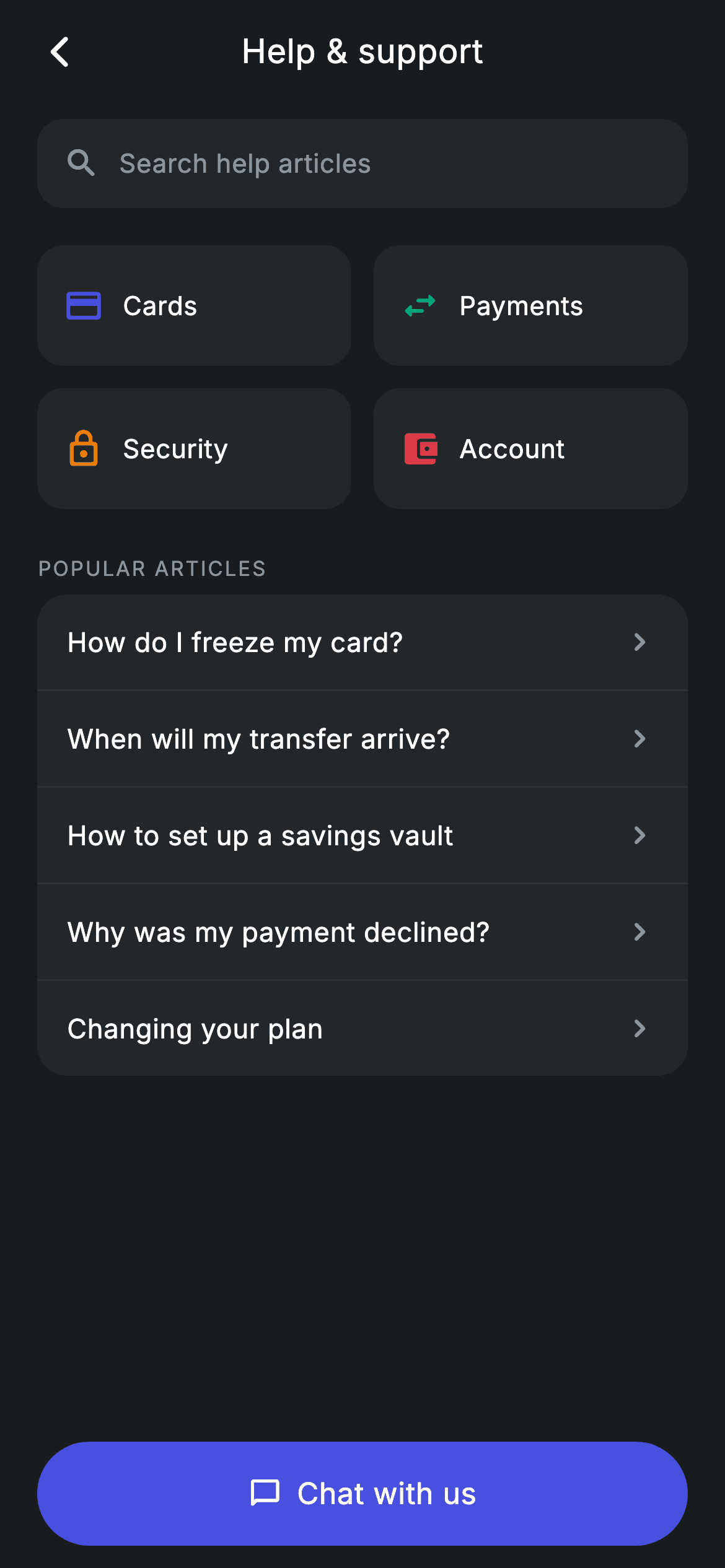 Help Center — Fintech Flutter UI screen