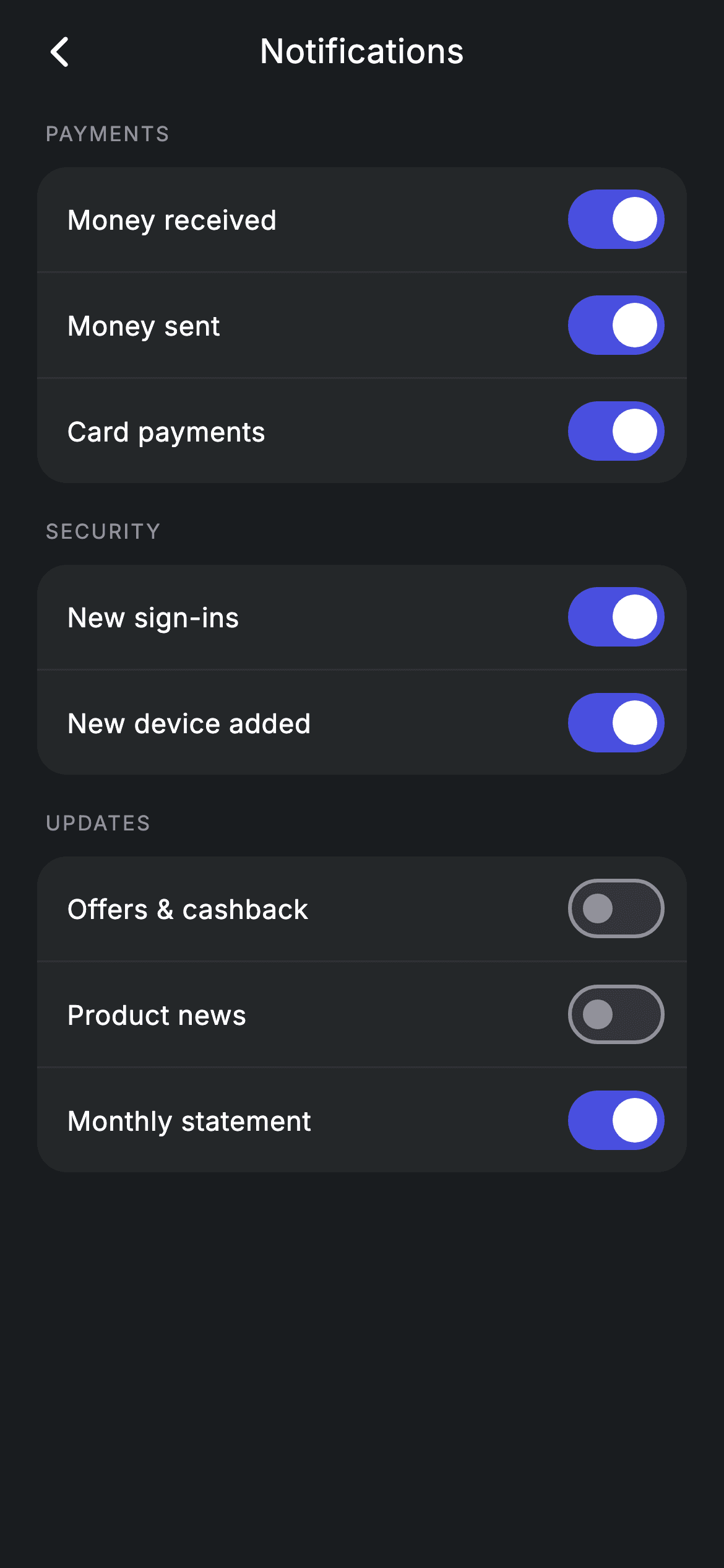 Notifications Settings — Fintech Flutter UI screen