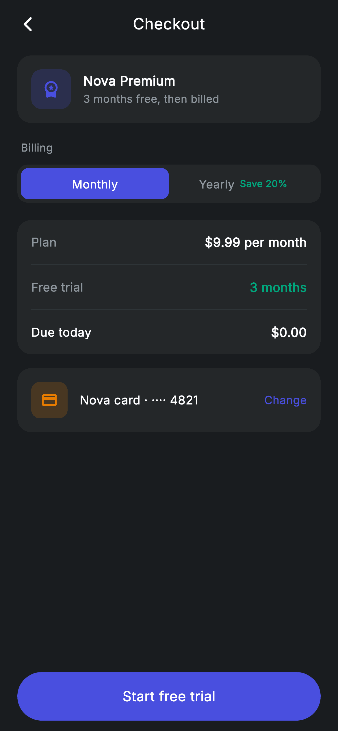 Plan Checkout — Fintech Flutter UI screen