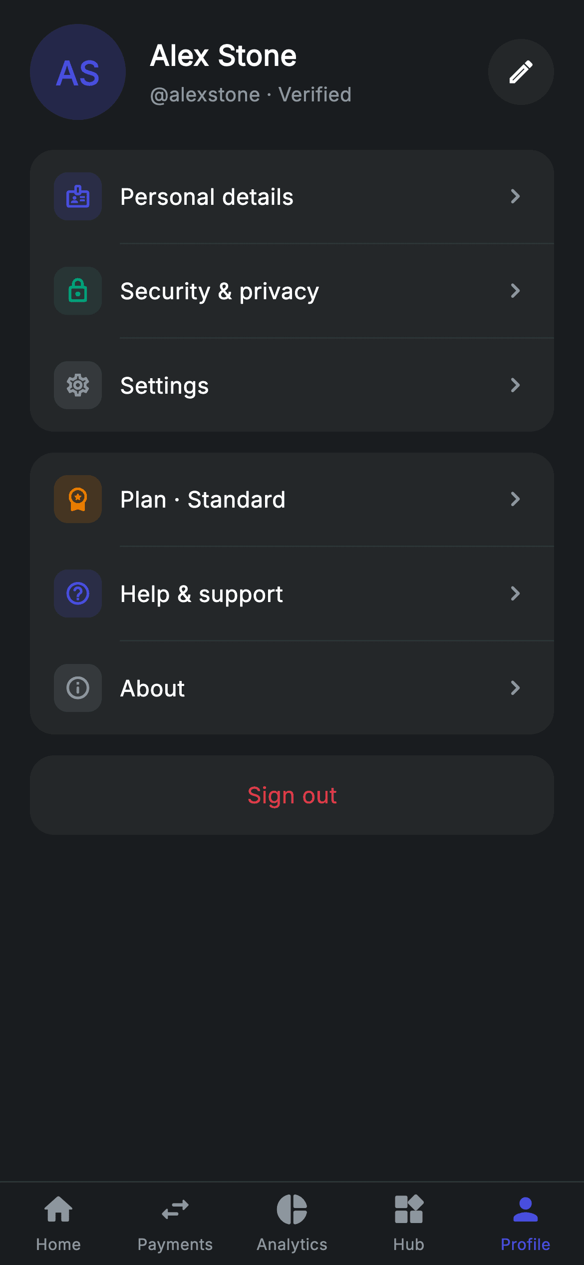 Profile Account Hub — Fintech Flutter UI screen