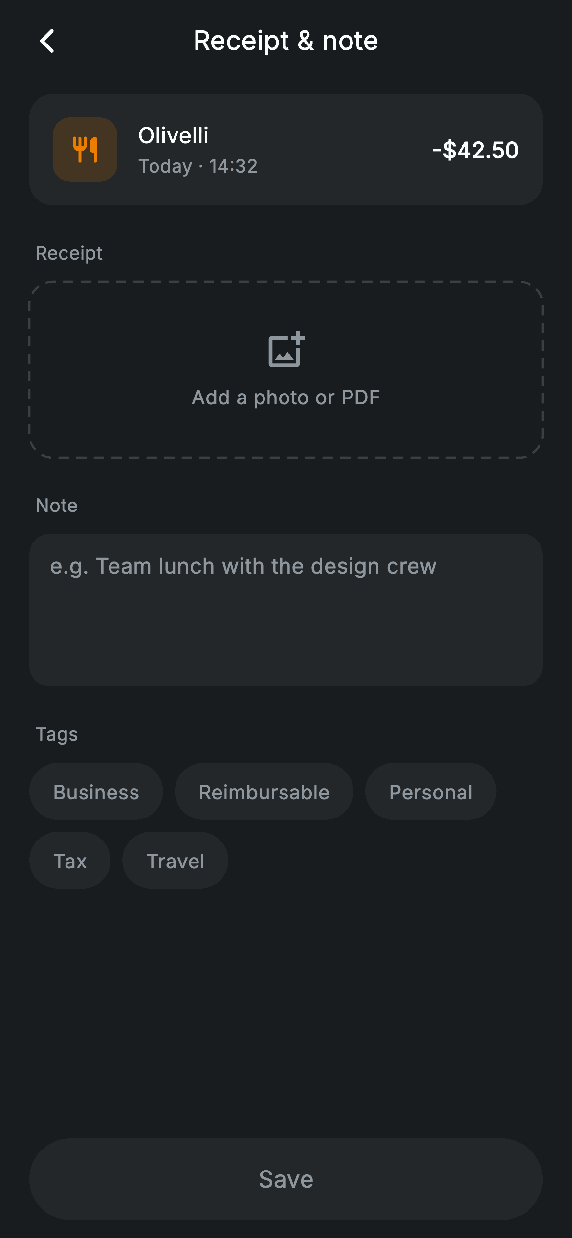 Fintech · Receipt & Note — Fintech Flutter screen