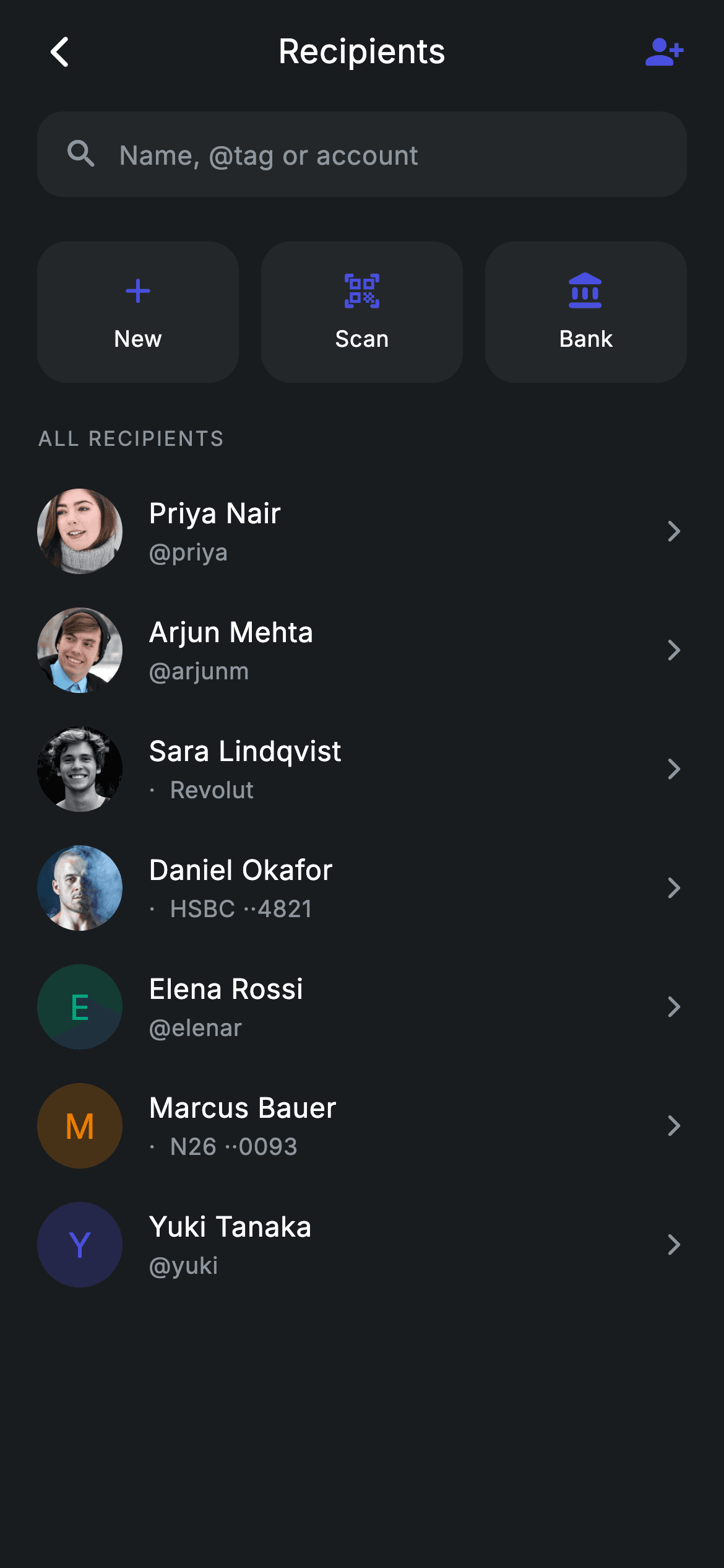 Fintech · Recipients — Fintech Flutter screen