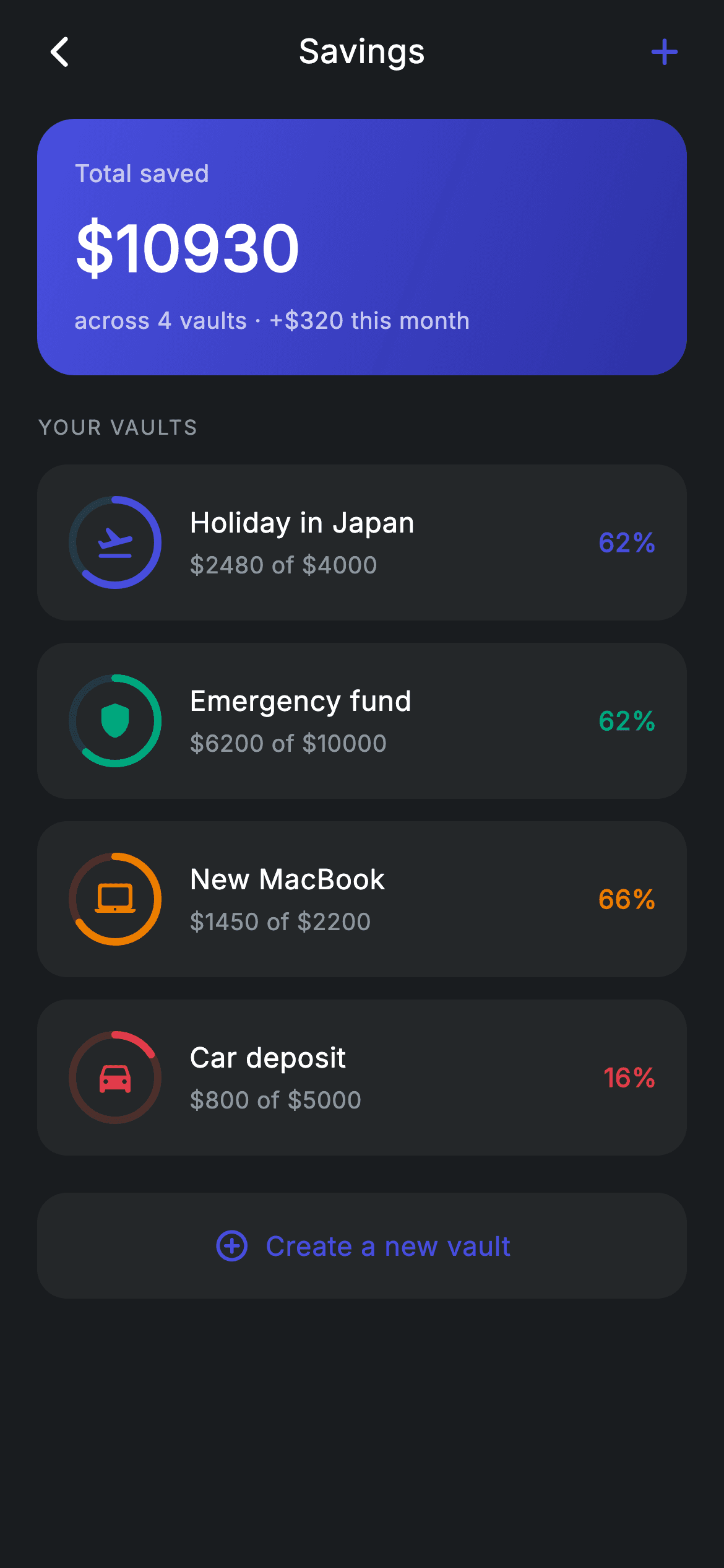 Savings vaults — Fintech Flutter UI screen
