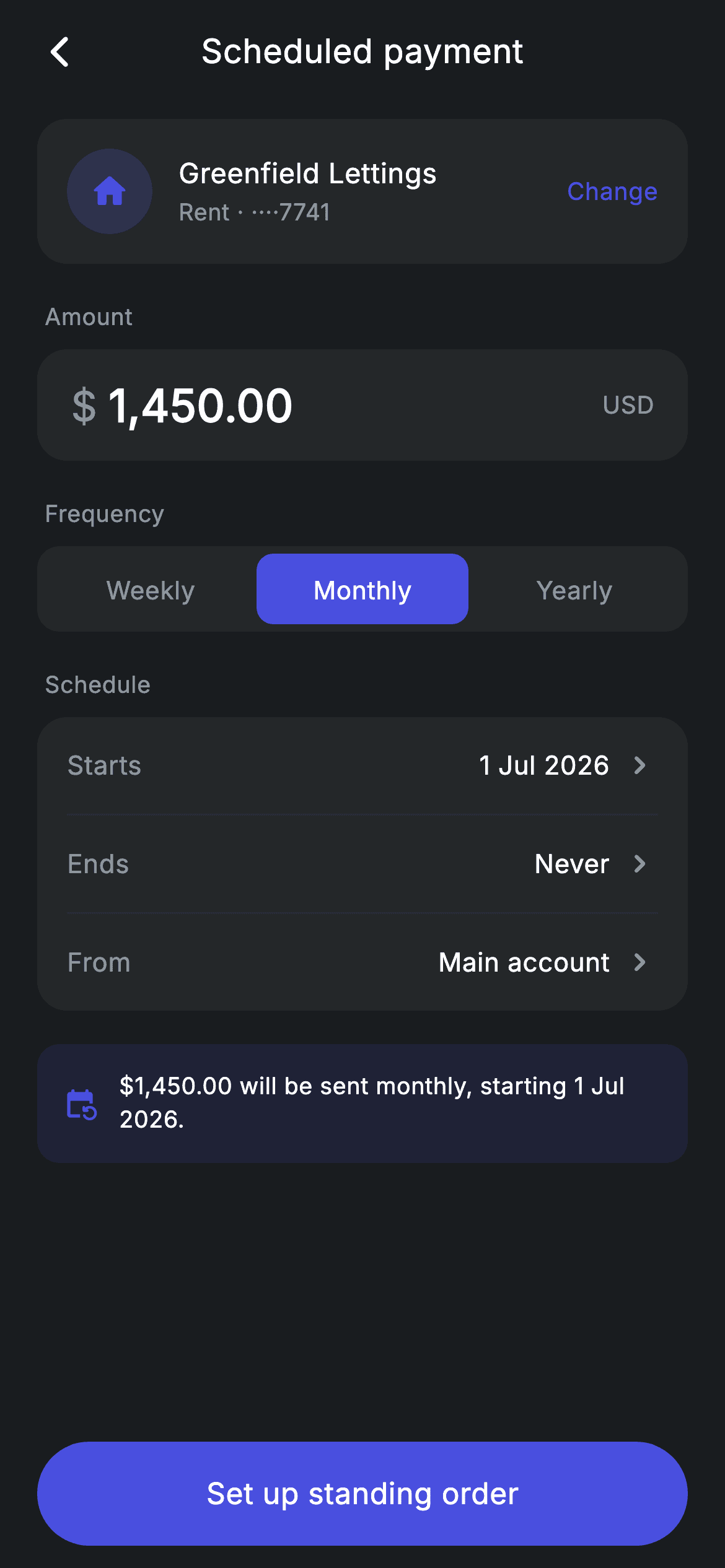 Fintech · Scheduled Payment — Fintech Flutter screen