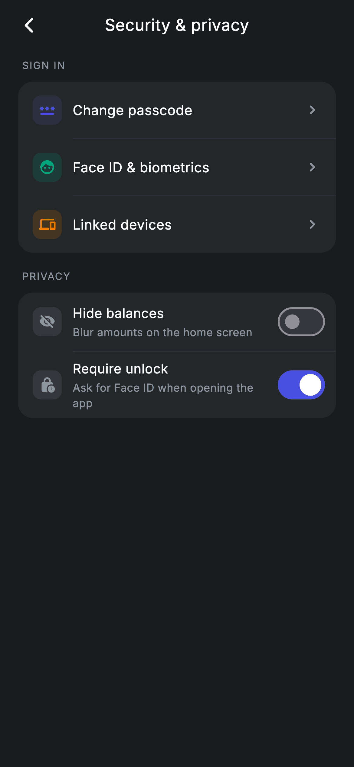 Security & privacy — Fintech Flutter UI screen