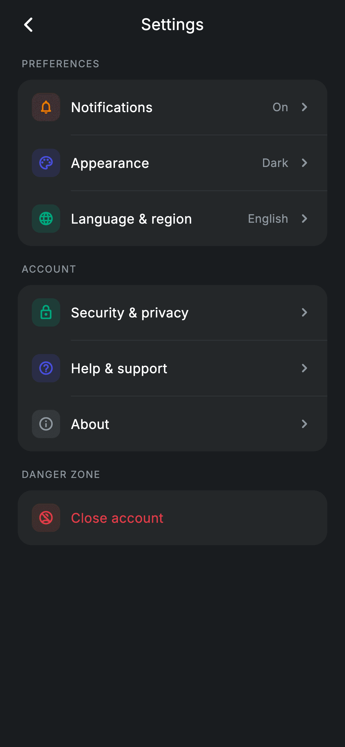 Settings hub — Fintech Flutter UI screen