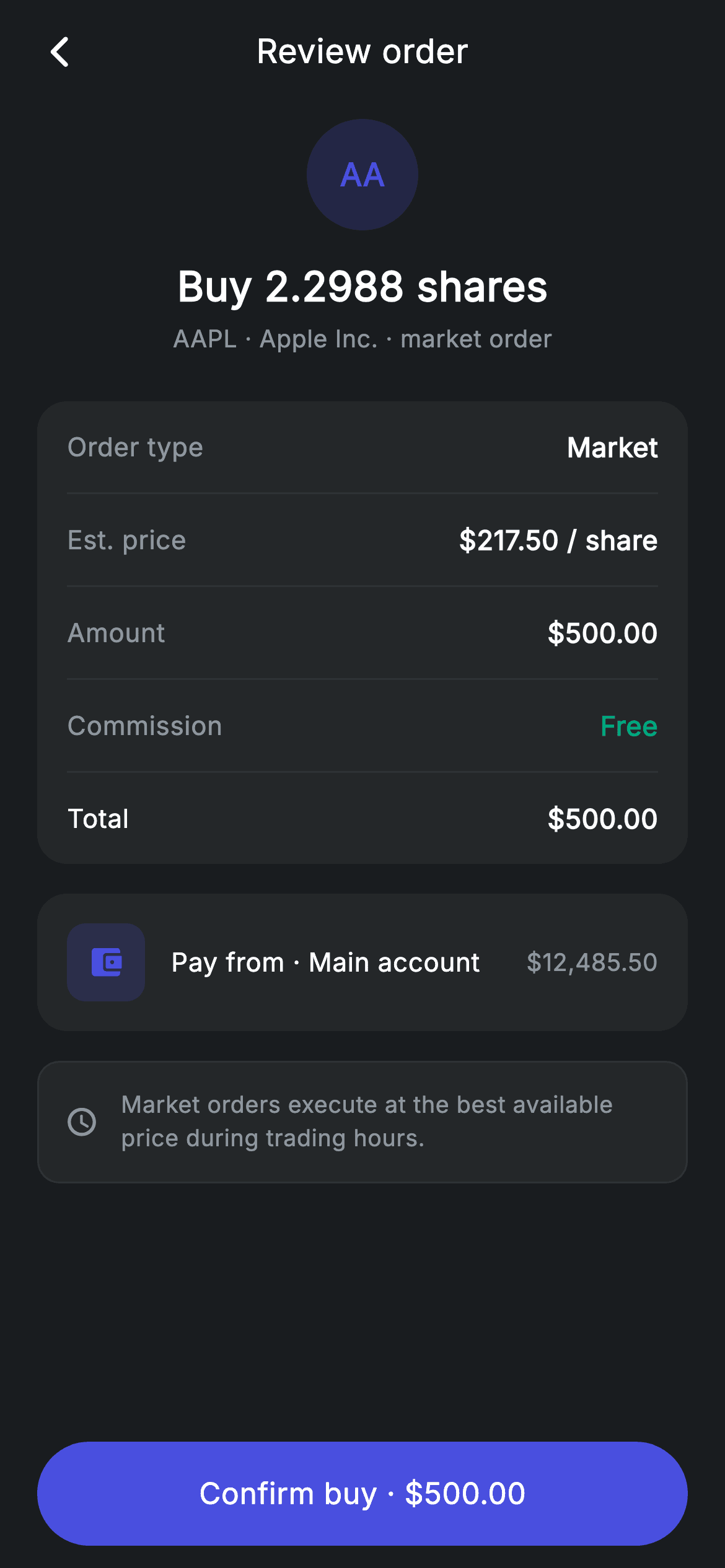 Stock Order Review — Fintech Flutter UI screen