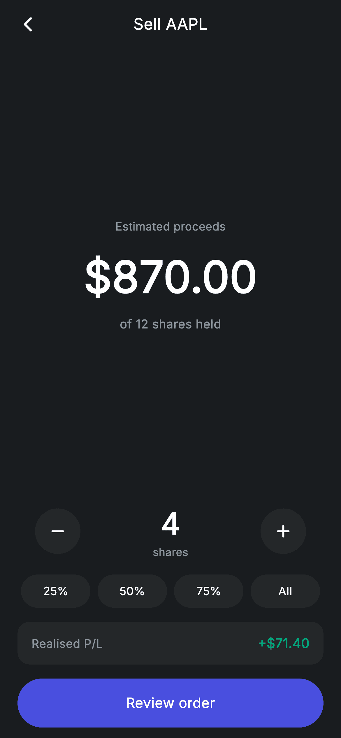 Stock Sell — Fintech Flutter UI screen