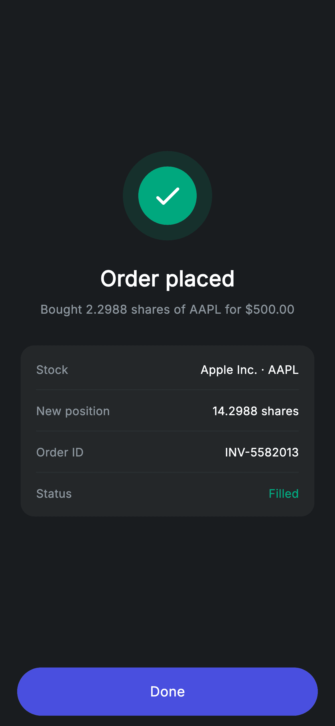 Stock Order Success — Fintech Flutter UI screen