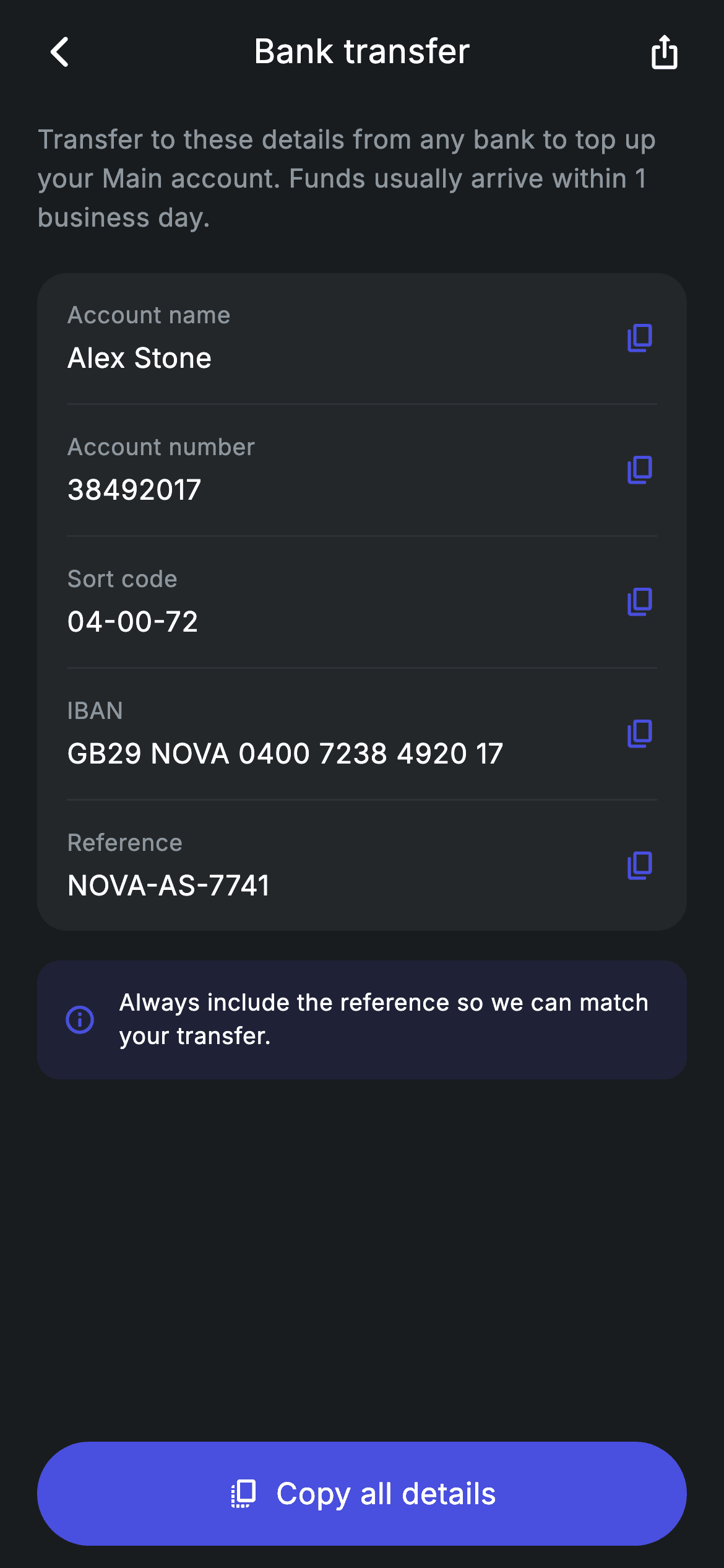 Top-up Bank Details — Fintech Flutter UI screen