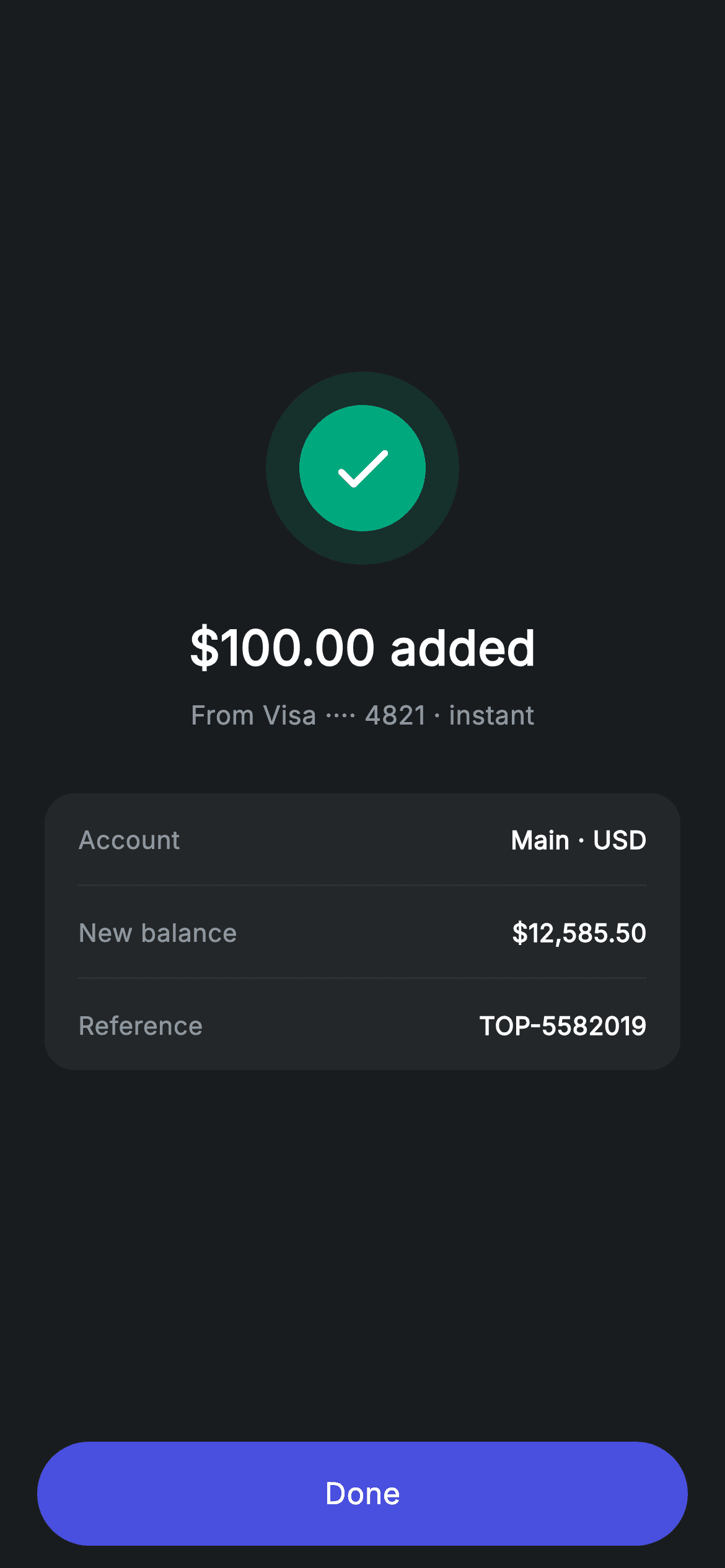 Top-up Success — Fintech Flutter UI screen