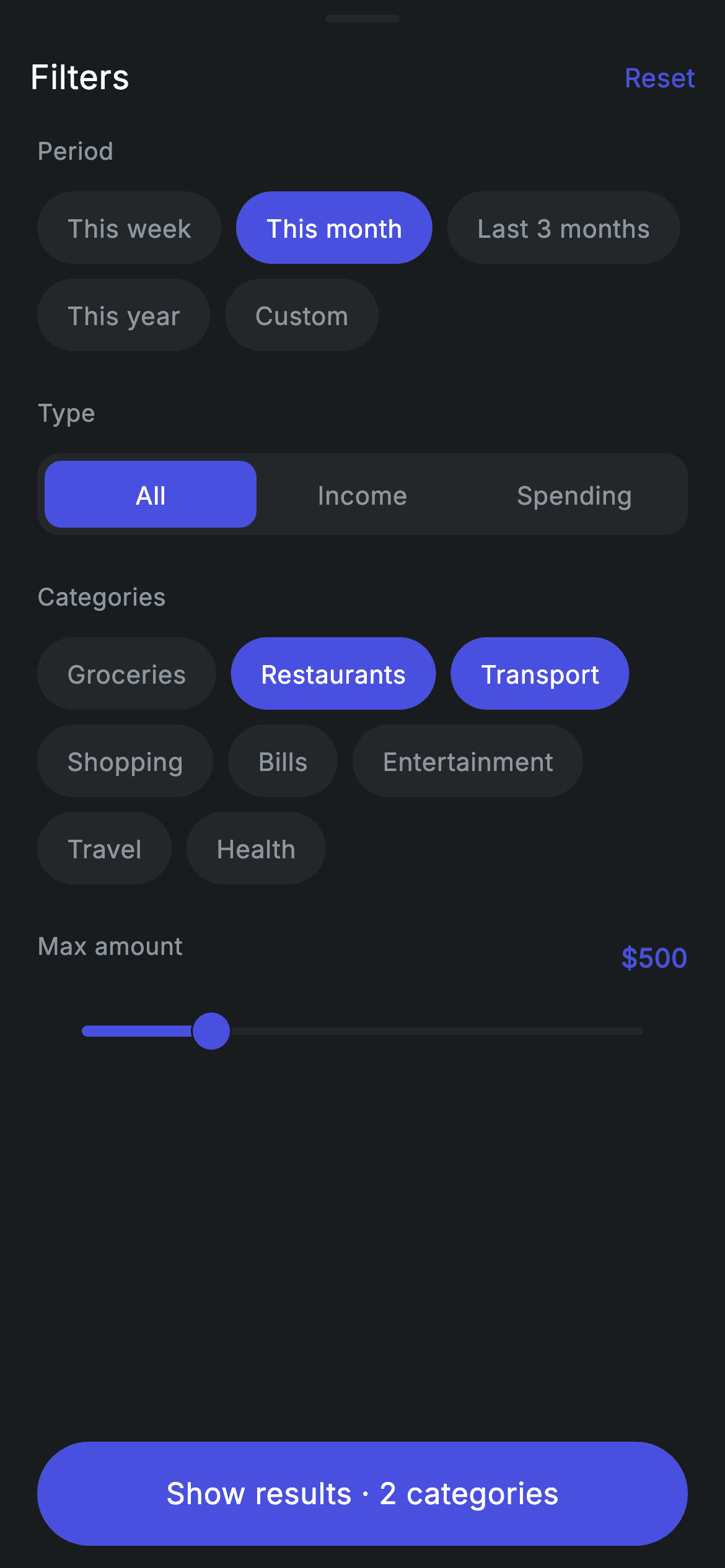 Transaction Filter — Fintech Flutter UI screen
