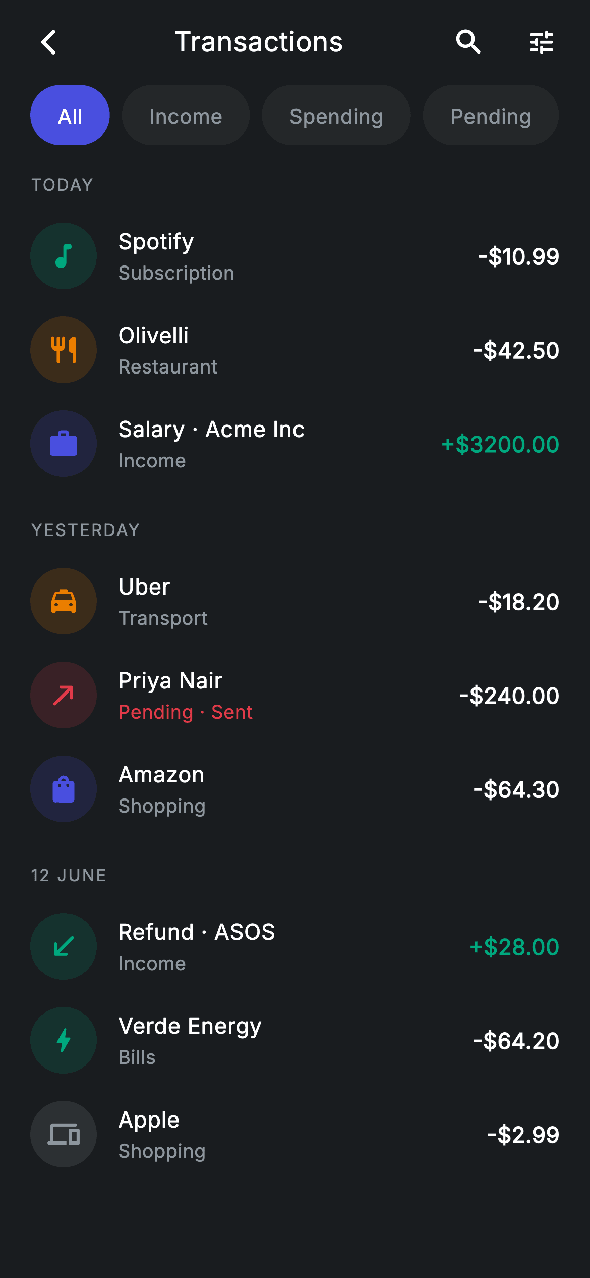 Transactions — Fintech Flutter UI screen