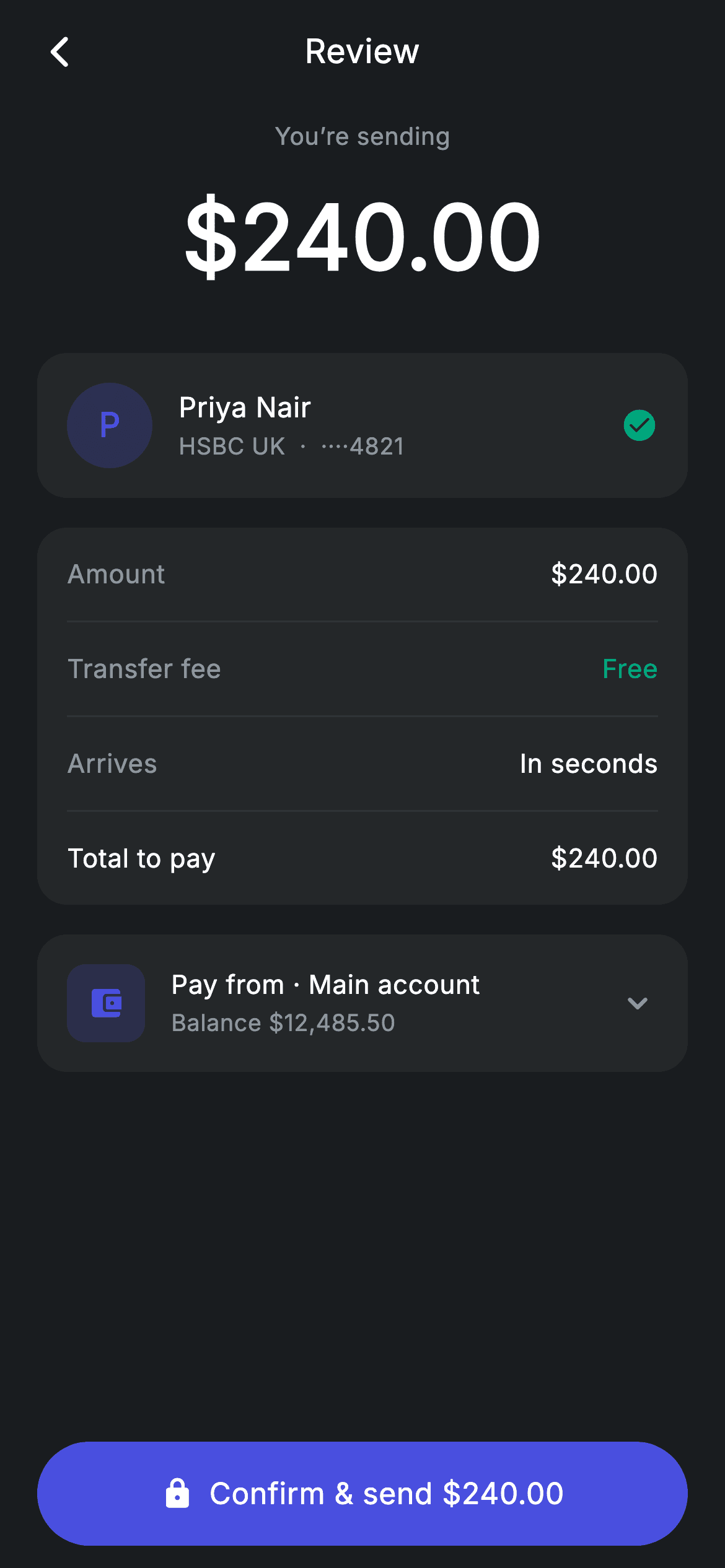 Transfer Review — Fintech Flutter UI screen