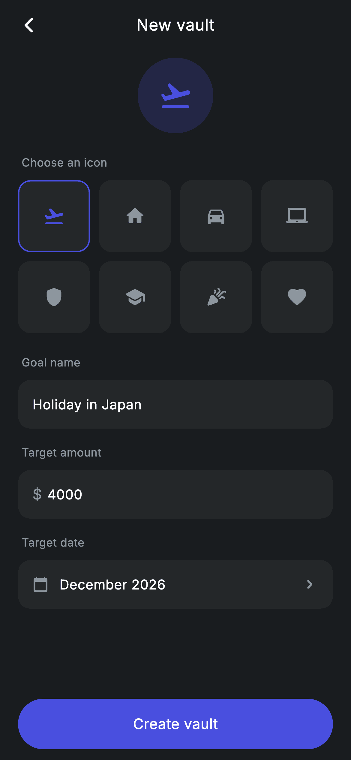 Vault Create — Fintech Flutter UI screen