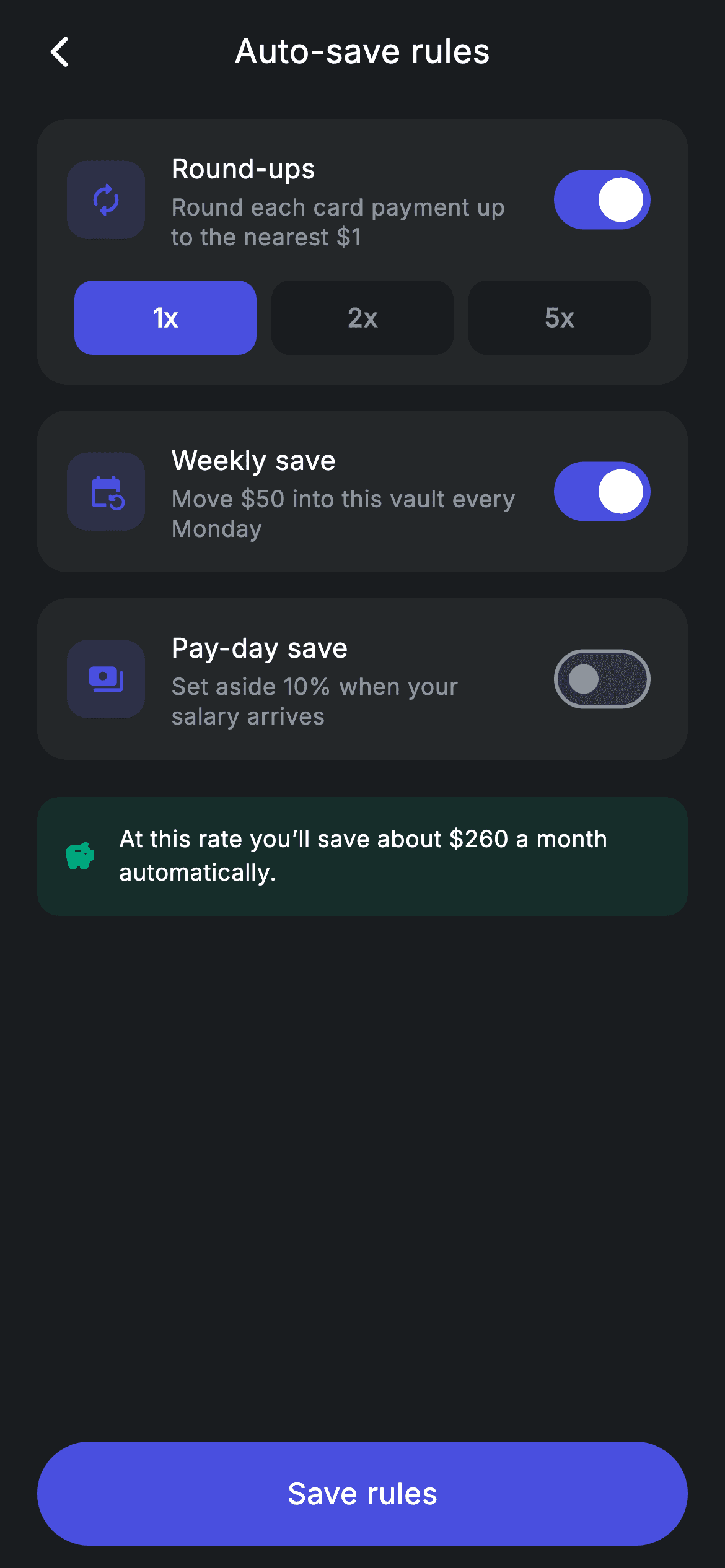Vault Rules — Fintech Flutter UI screen