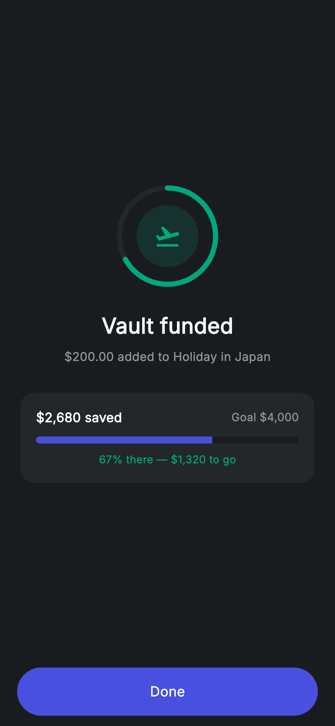 Vault Funded — Fintech Flutter UI screen