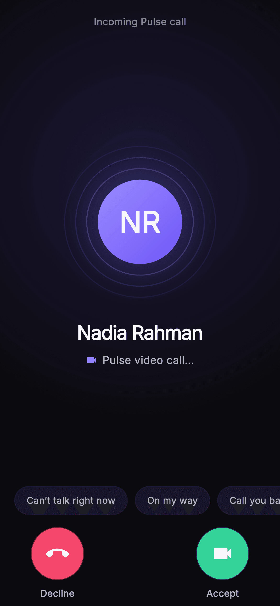 Pulse · Incoming Call — Social Flutter screen
