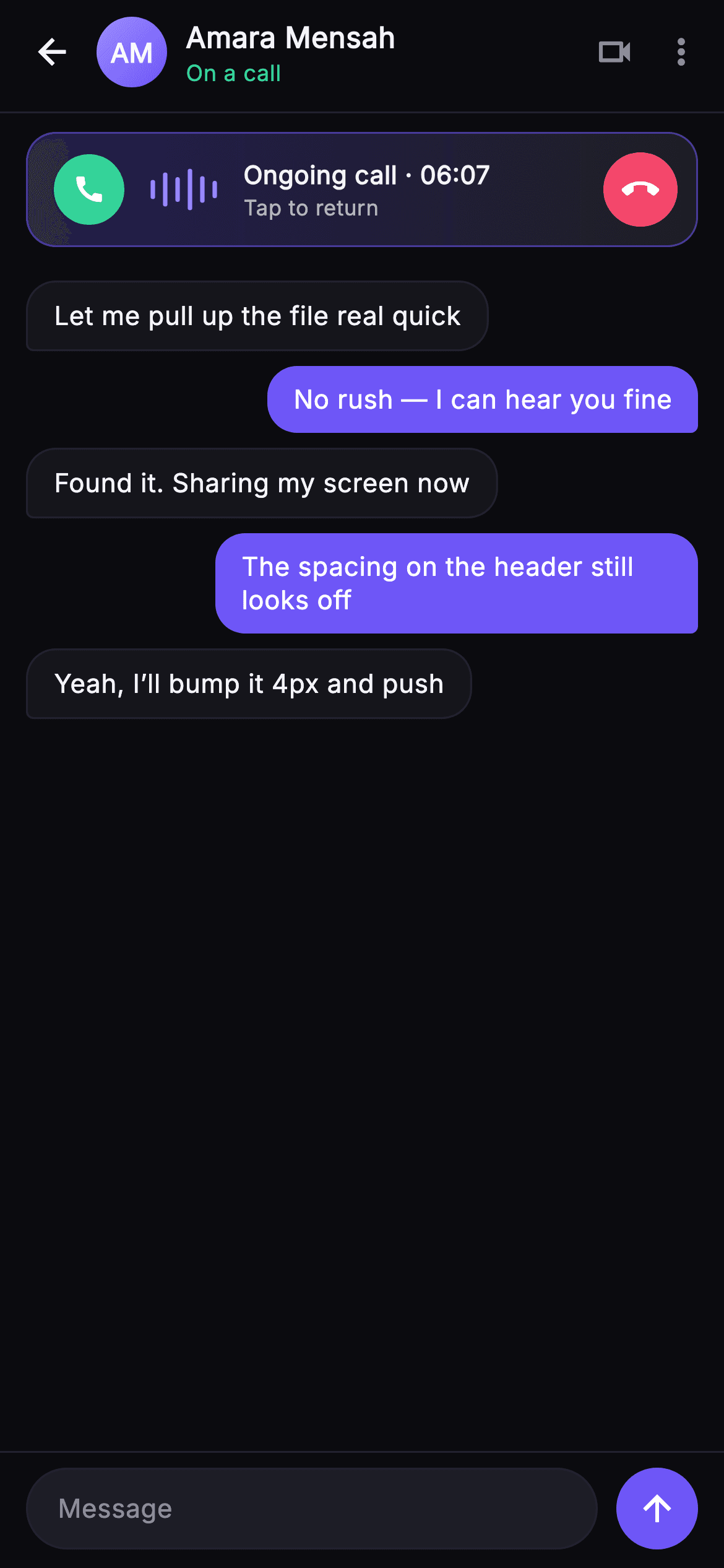 Pulse · Call Banner — Social Flutter screen