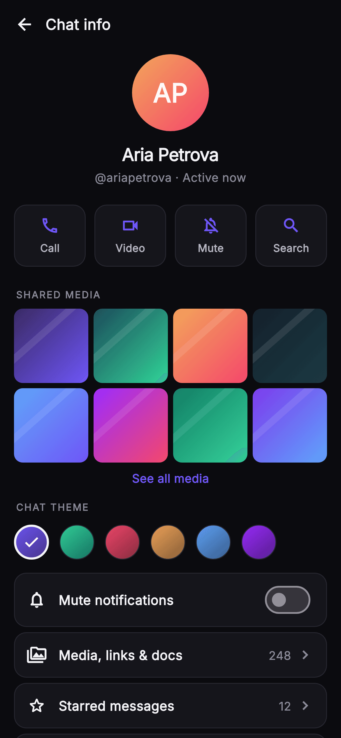Pulse · Chat Info — Social Flutter screen