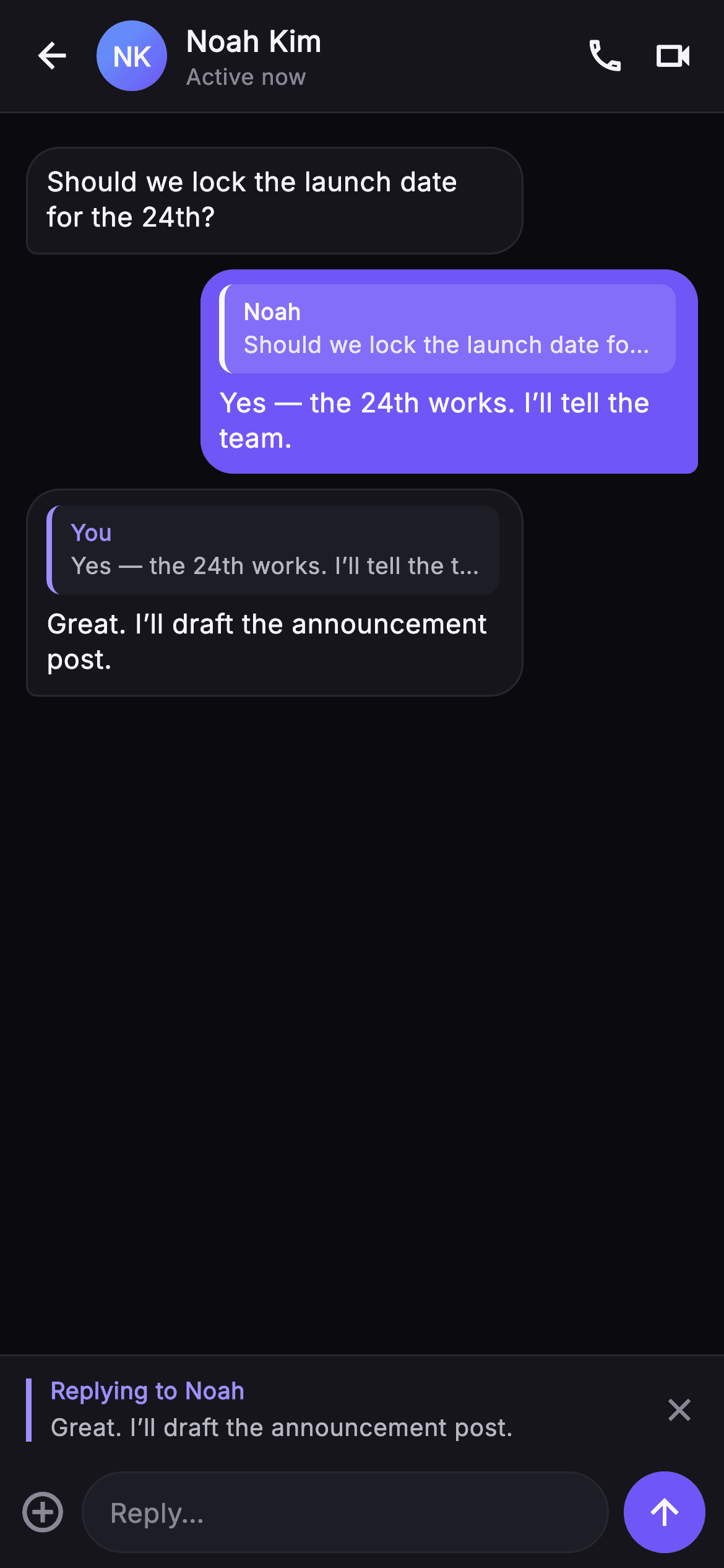 Pulse · Reply — Social Flutter screen