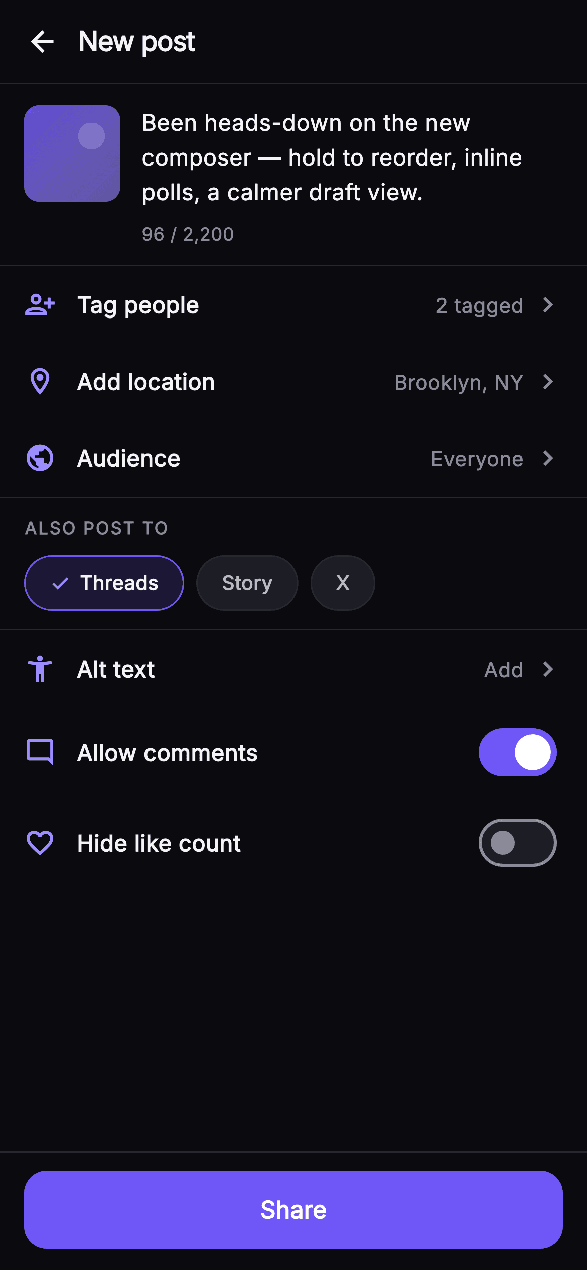 Pulse · Caption & Tag — Social Flutter screen