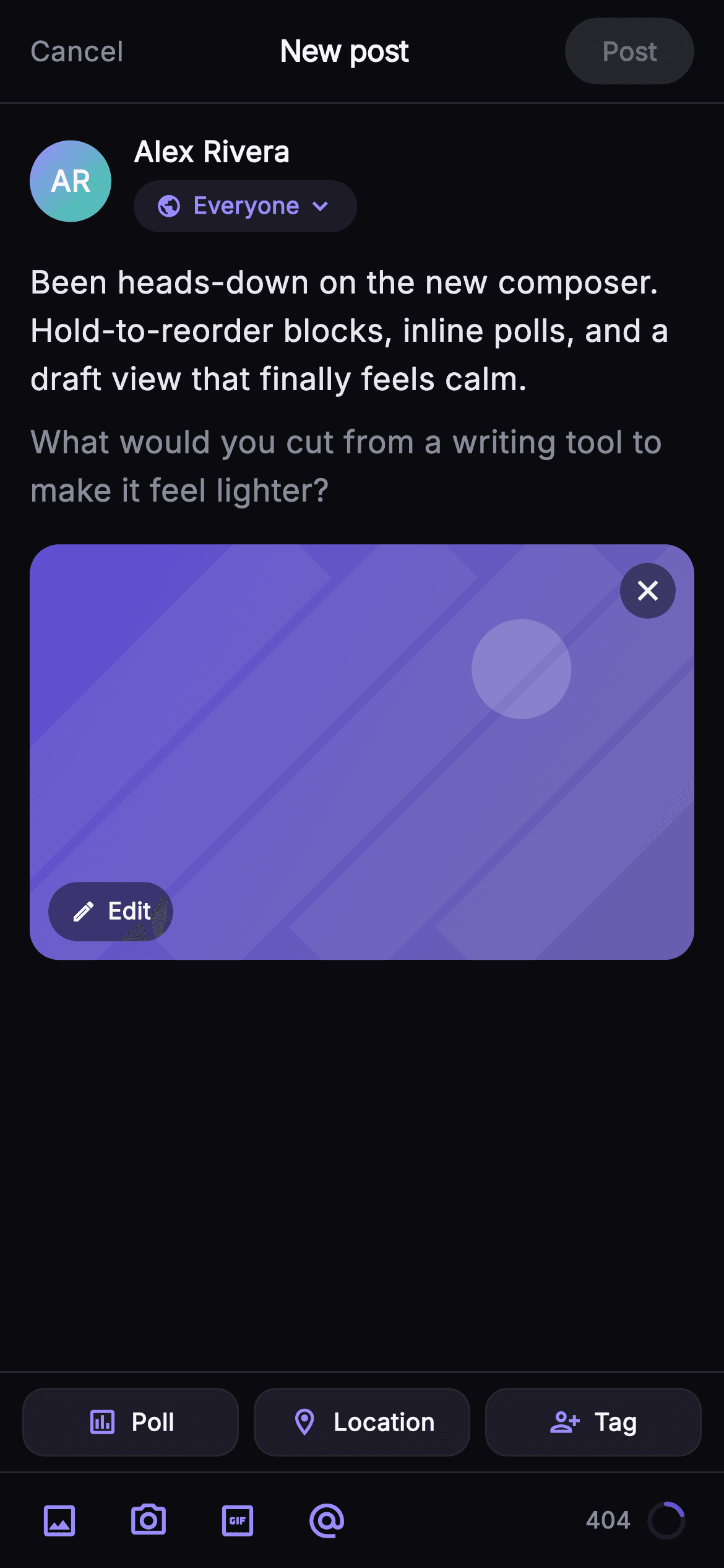 Pulse · New Post — Social Flutter screen