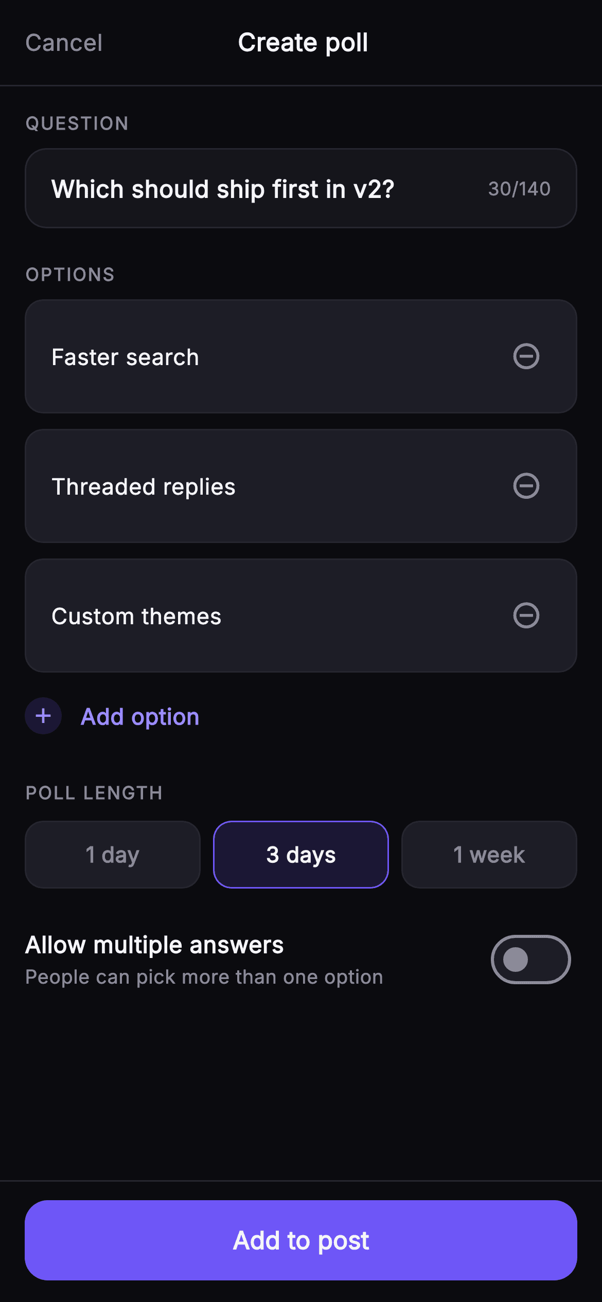 Pulse · Create Poll — Social Flutter screen
