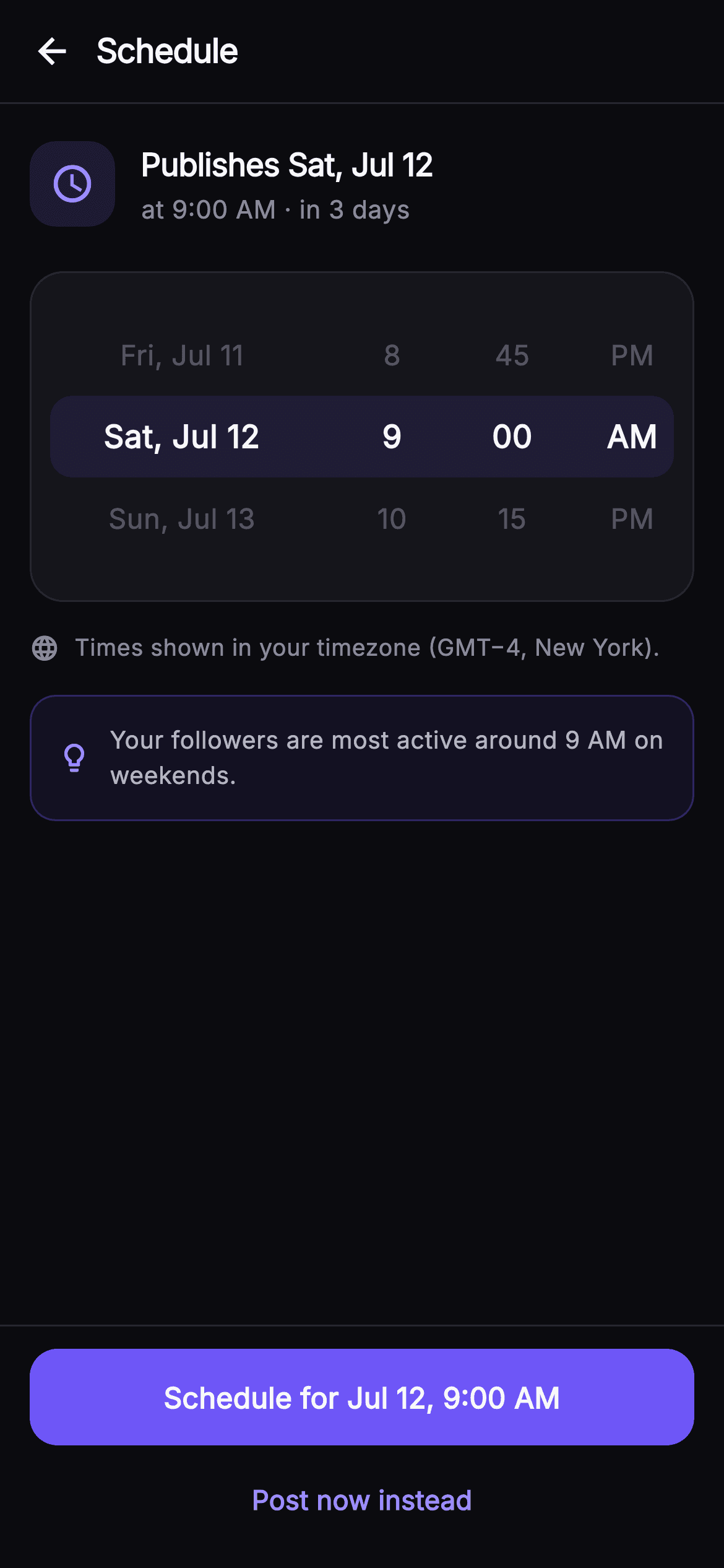Pulse · Schedule Post — Social Flutter screen