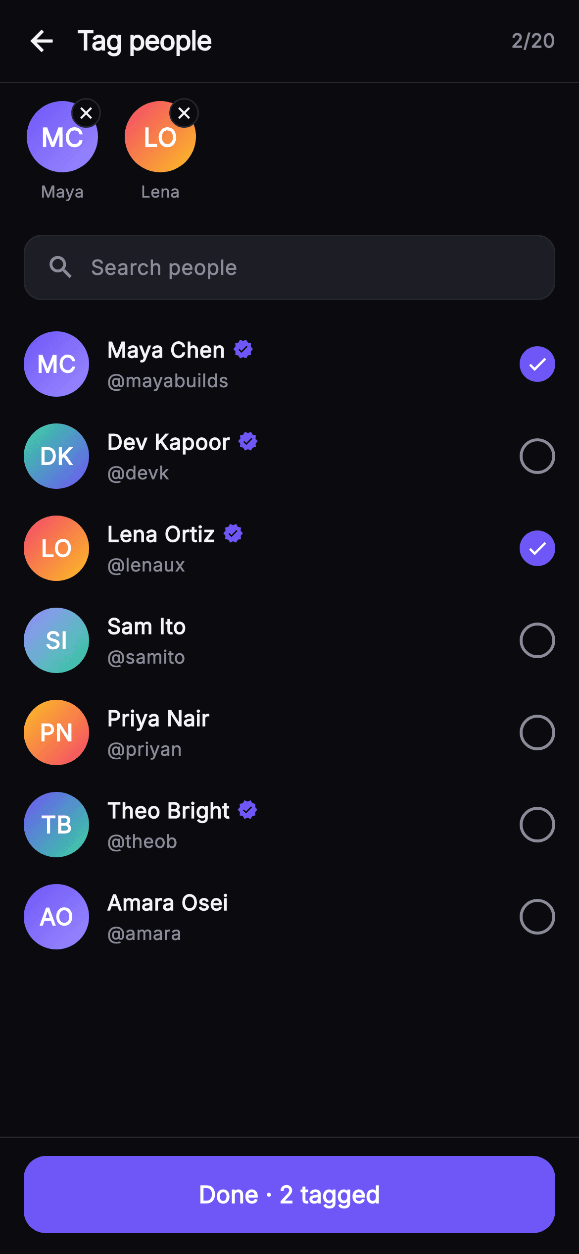 Pulse · Tag People — Social Flutter screen
