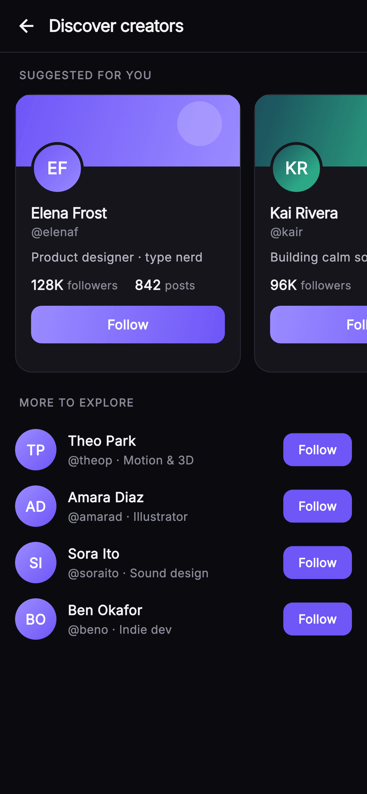 Pulse · Suggested Creators — Social Flutter screen