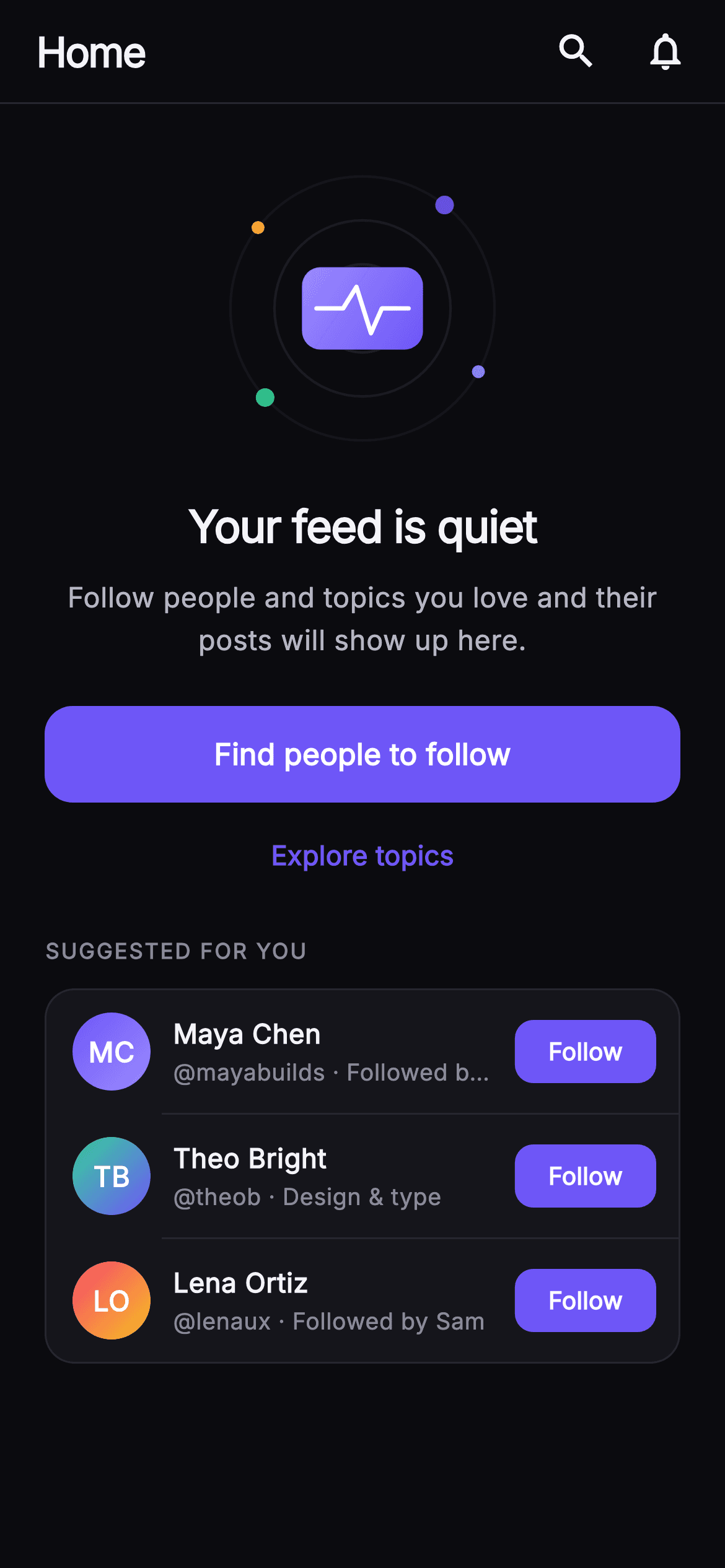 Pulse · Empty Feed — Social Flutter screen