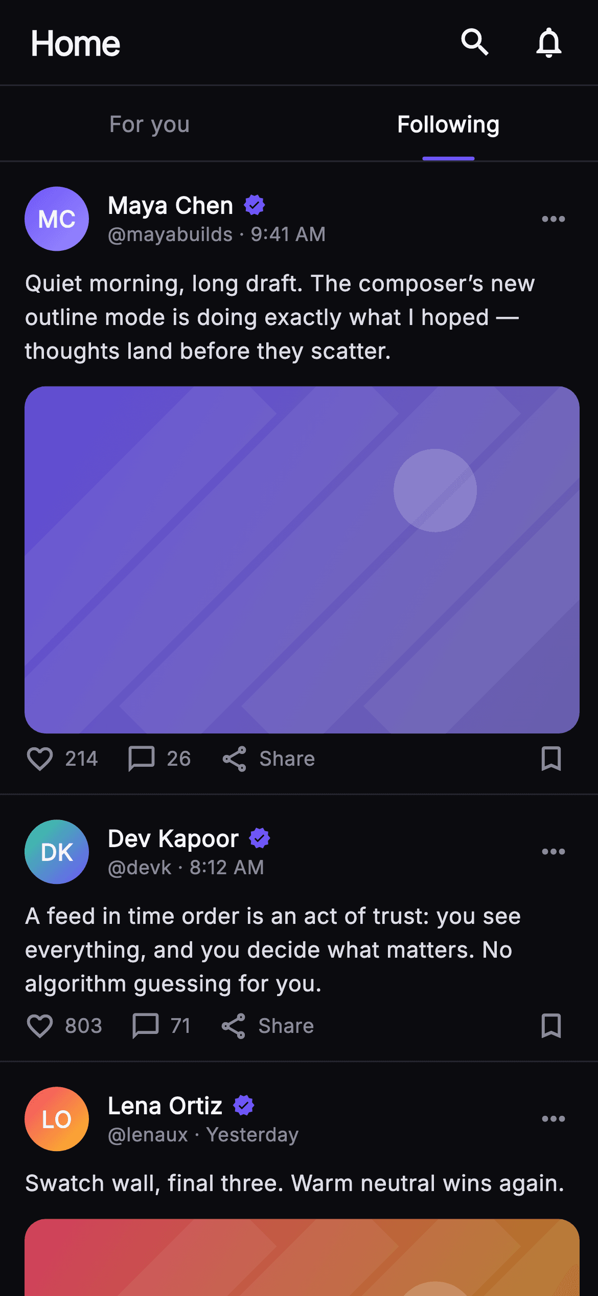 Pulse · Following Feed — Social Flutter UI screen