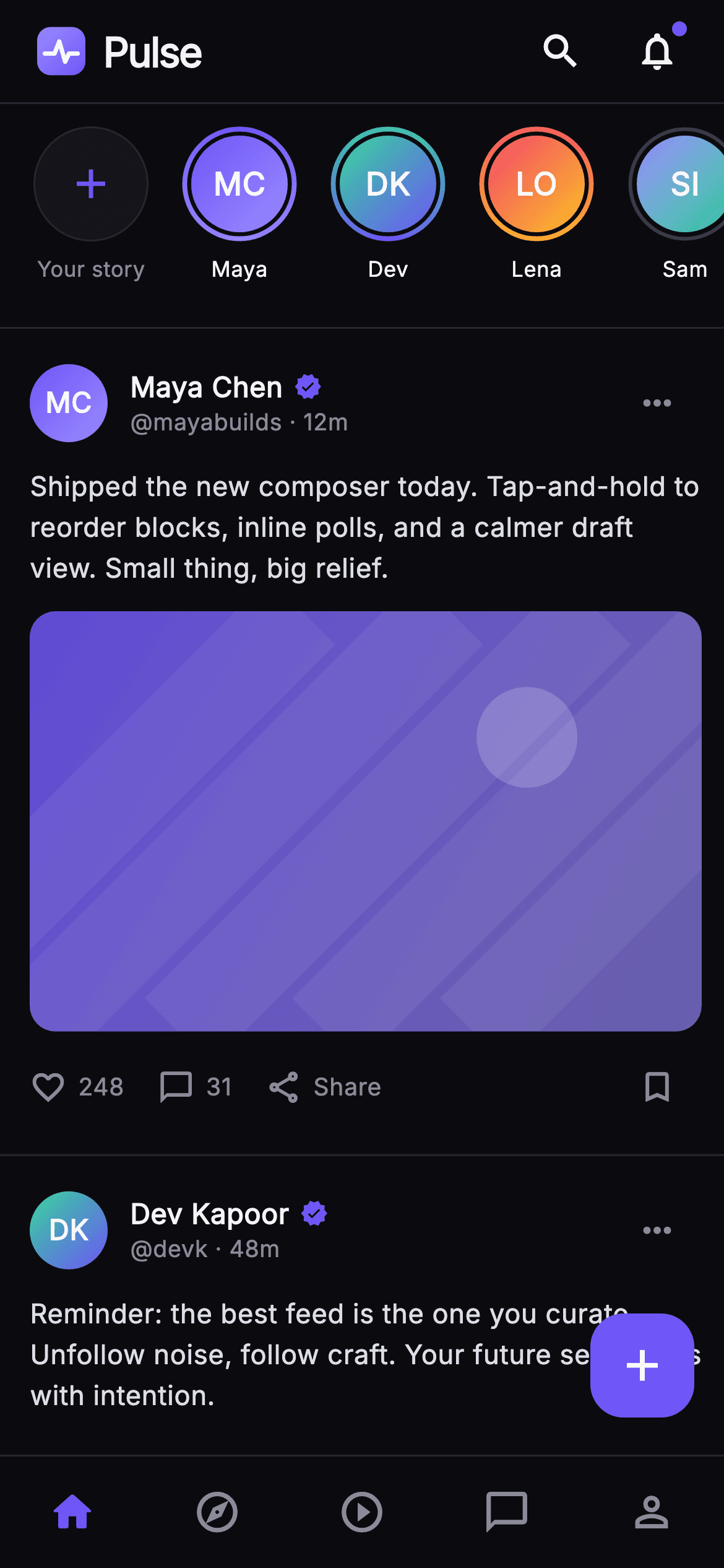 Pulse · Home Feed — Social Flutter UI screen