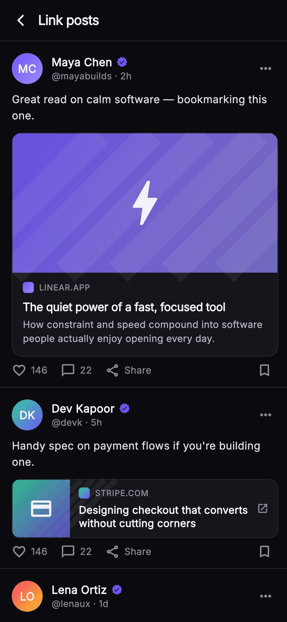 Pulse · Link Card — Social Flutter screen