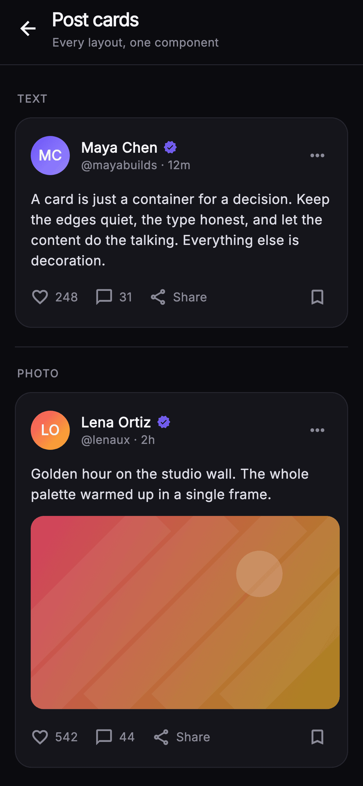 Pulse · Post Card States — Social Flutter UI screen