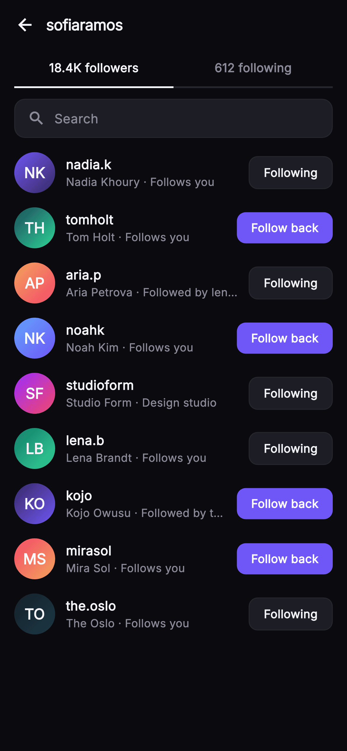 Pulse · Followers — Social Flutter screen
