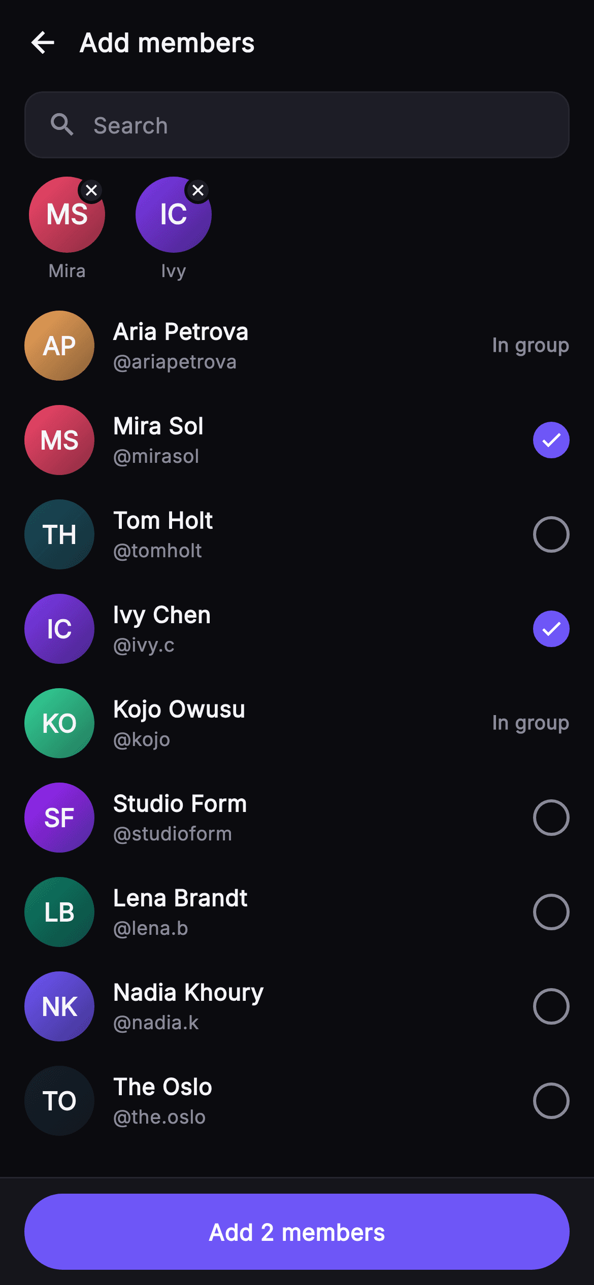 Pulse · Add Members — Social Flutter screen