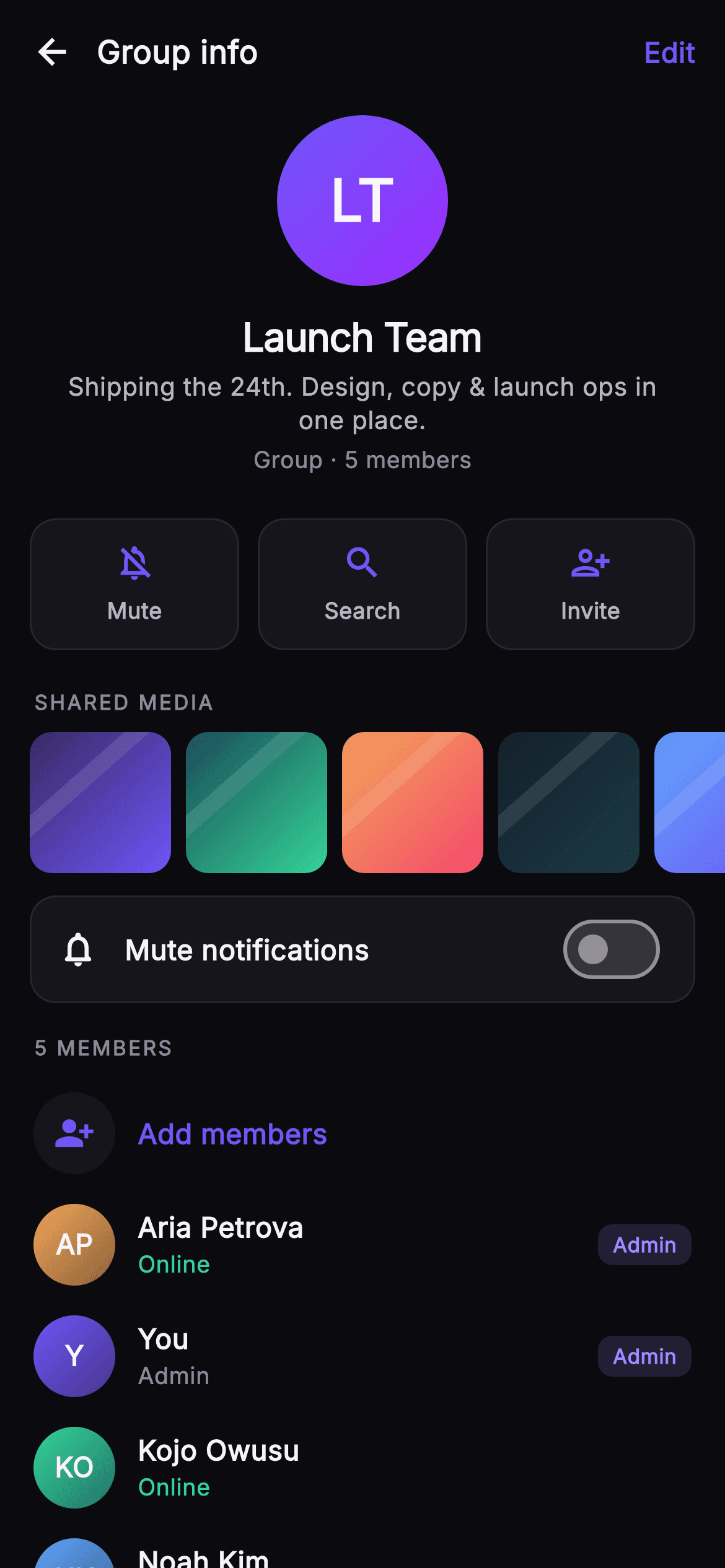Pulse · Group Info — Social Flutter screen