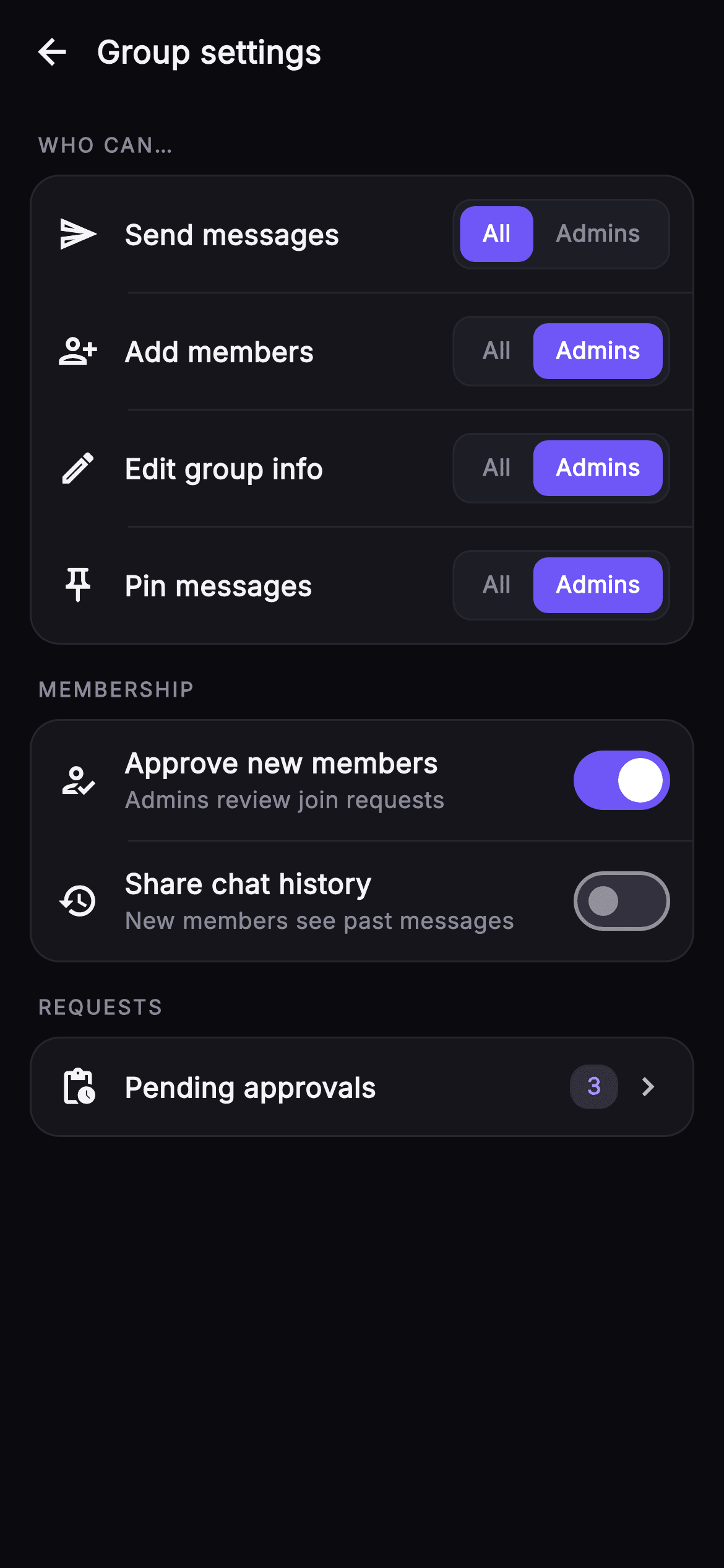 Pulse · Group Settings — Social Flutter screen