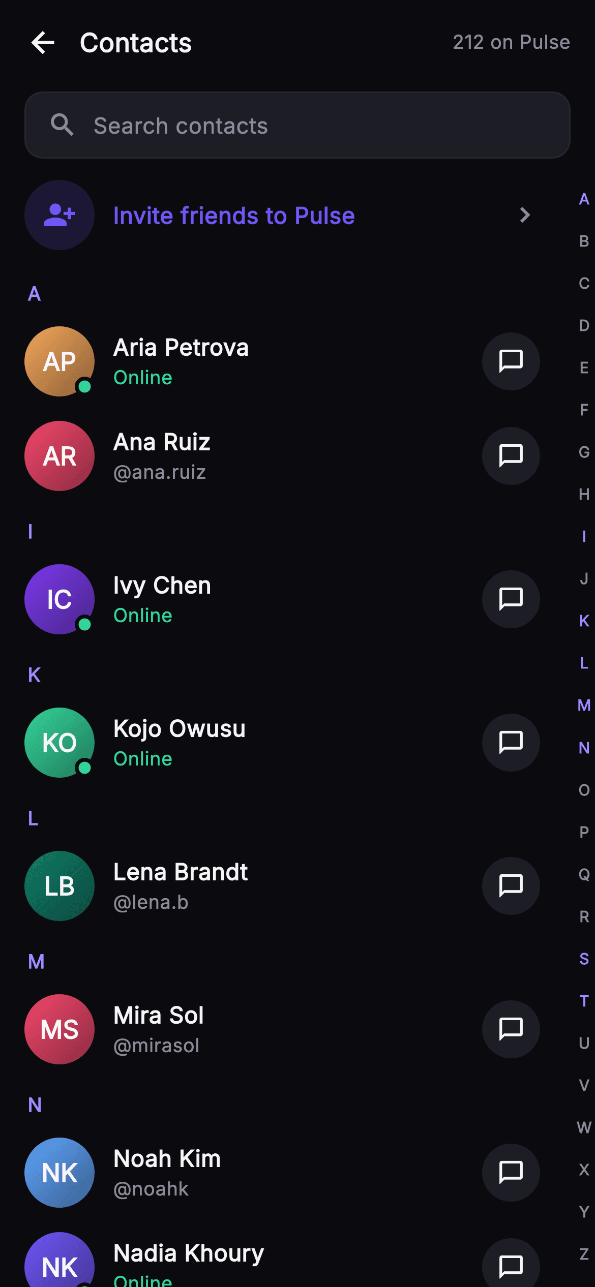 Pulse · Contacts — Social Flutter screen