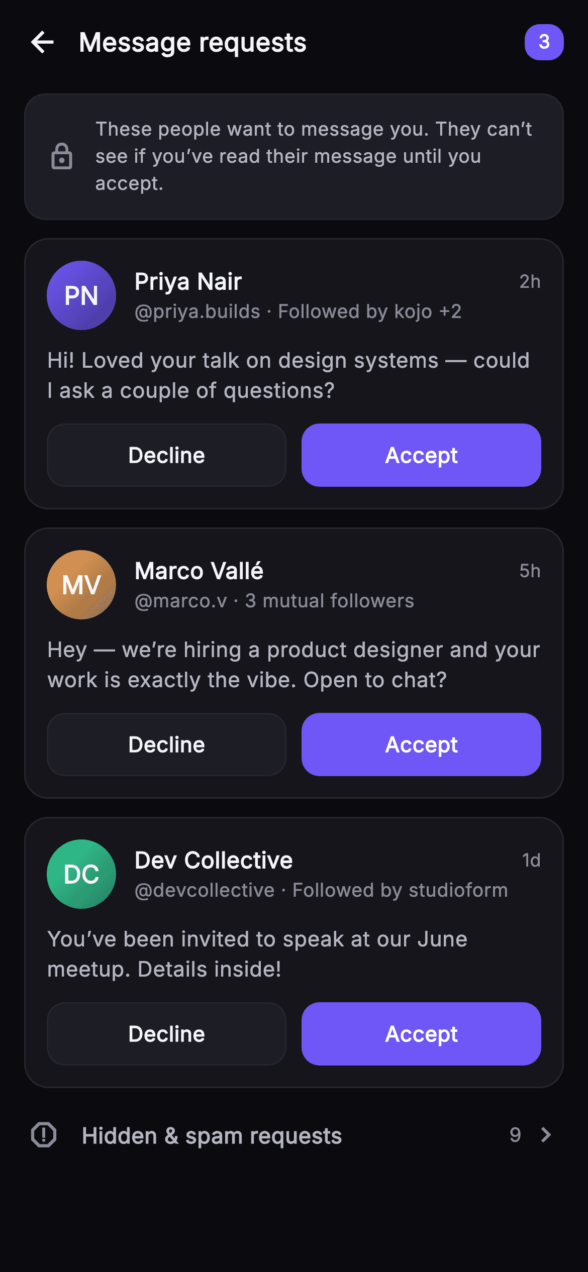Pulse · Message Requests — Social Flutter screen
