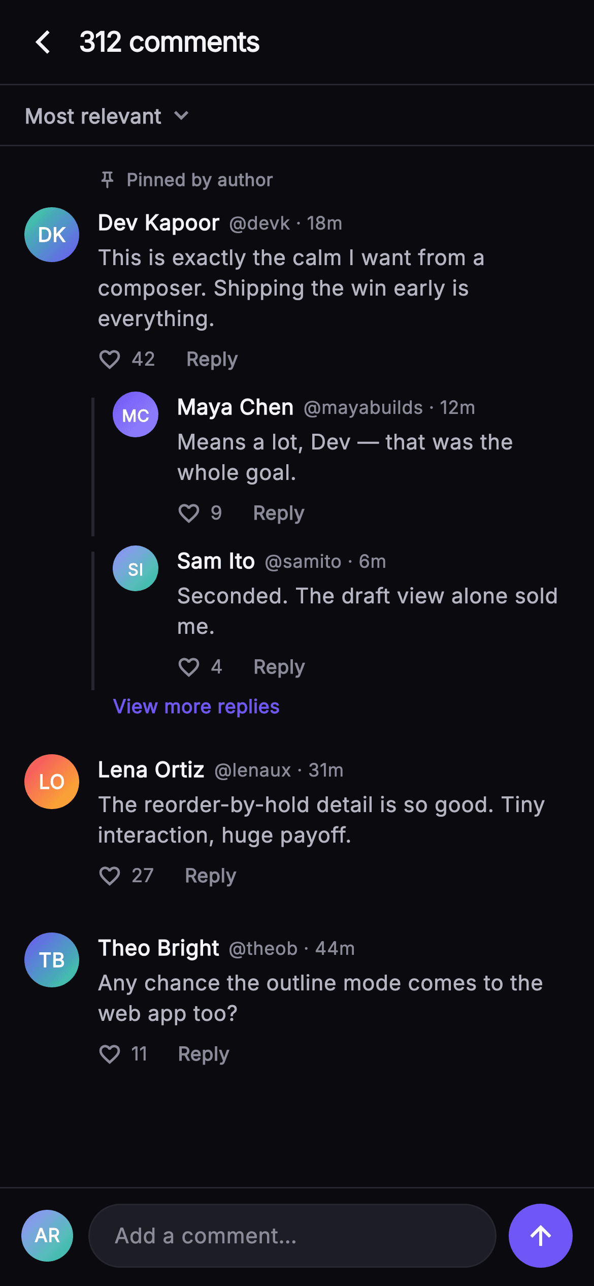 Pulse · Comments Thread — Social Flutter UI screen