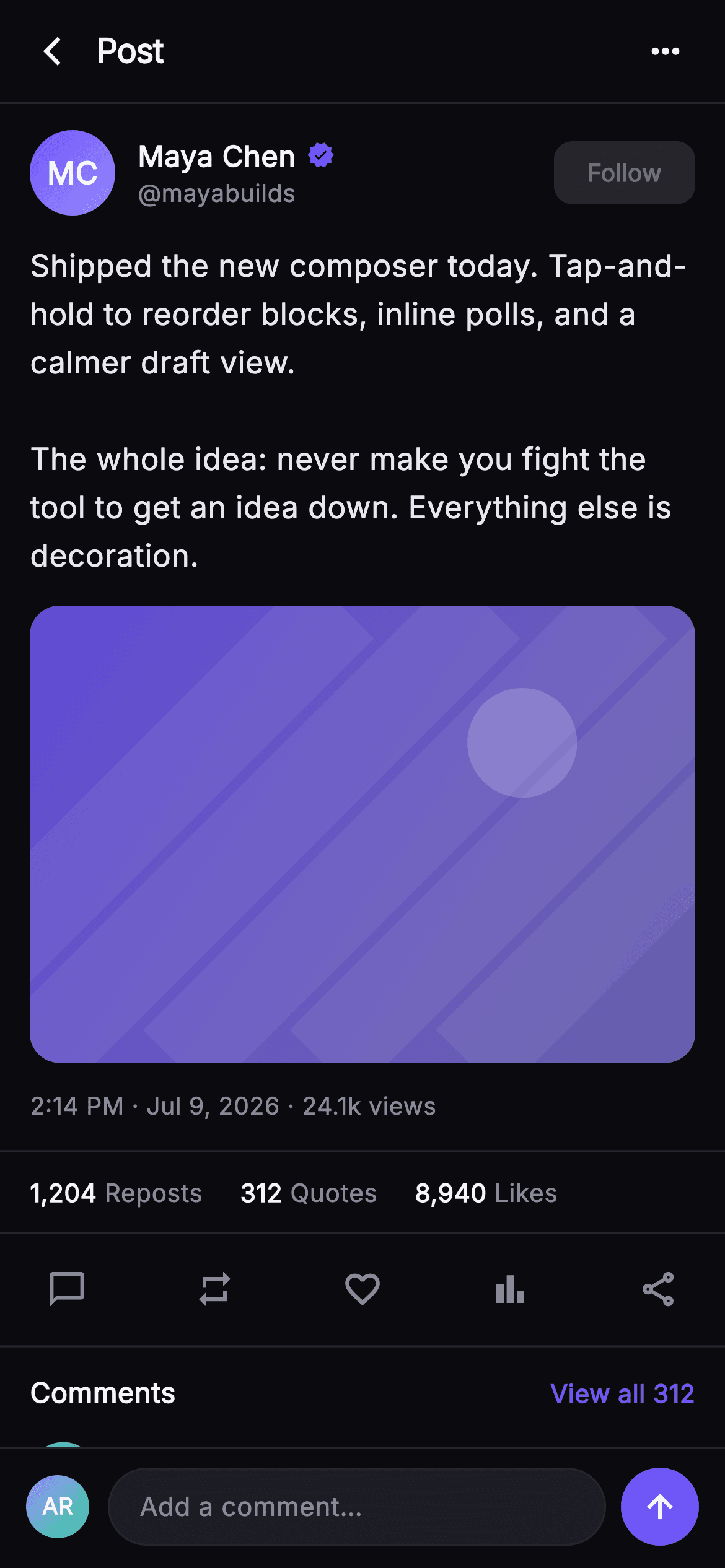 Pulse · Post Detail — Social Flutter UI screen