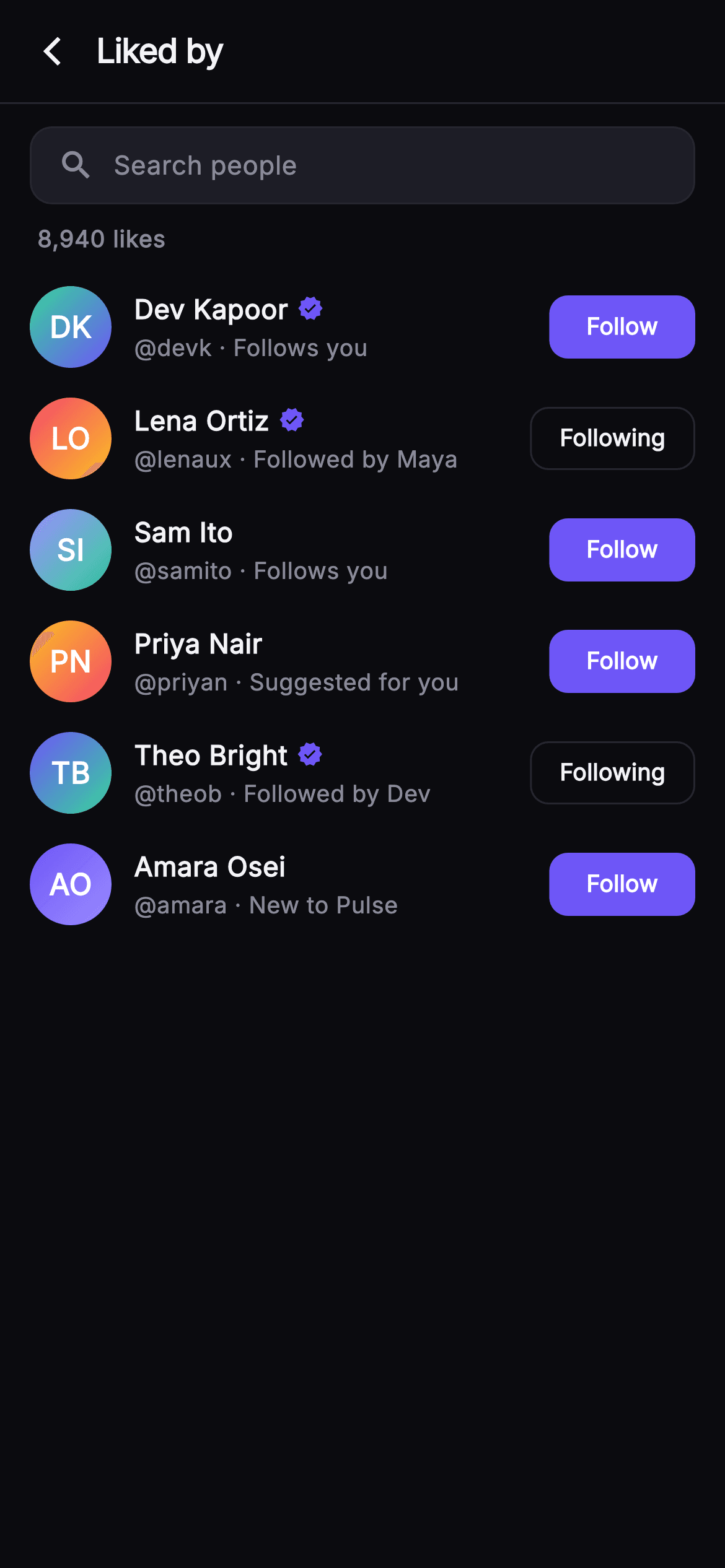 Pulse · Liked By — Social Flutter screen