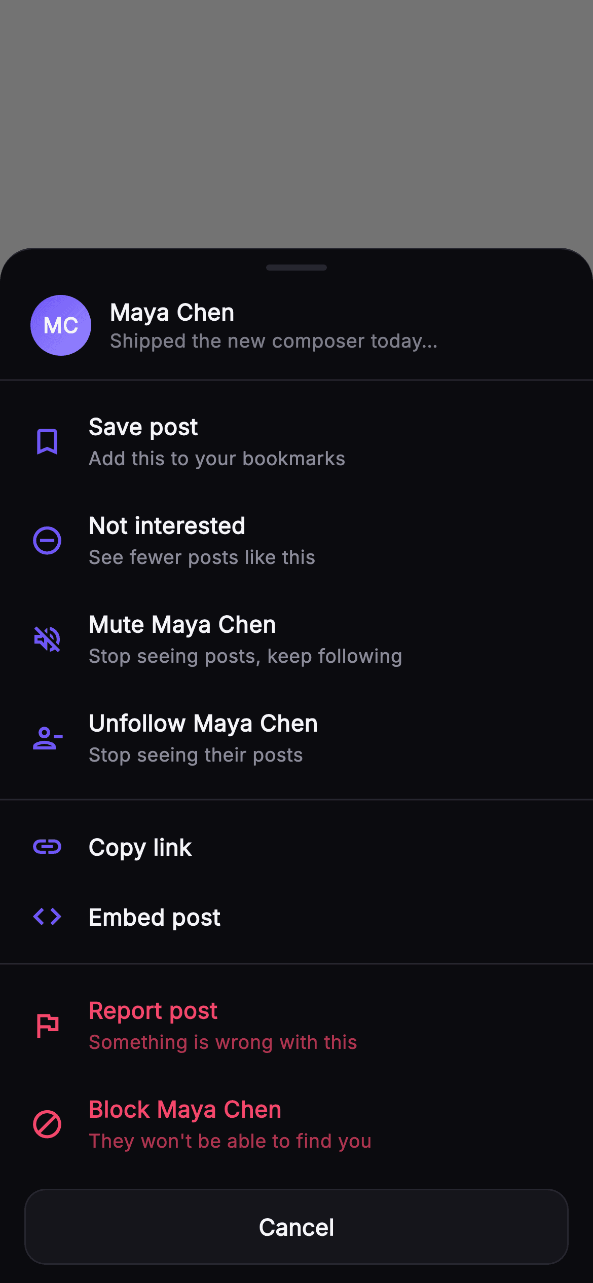 Pulse · Post Menu — Social Flutter screen