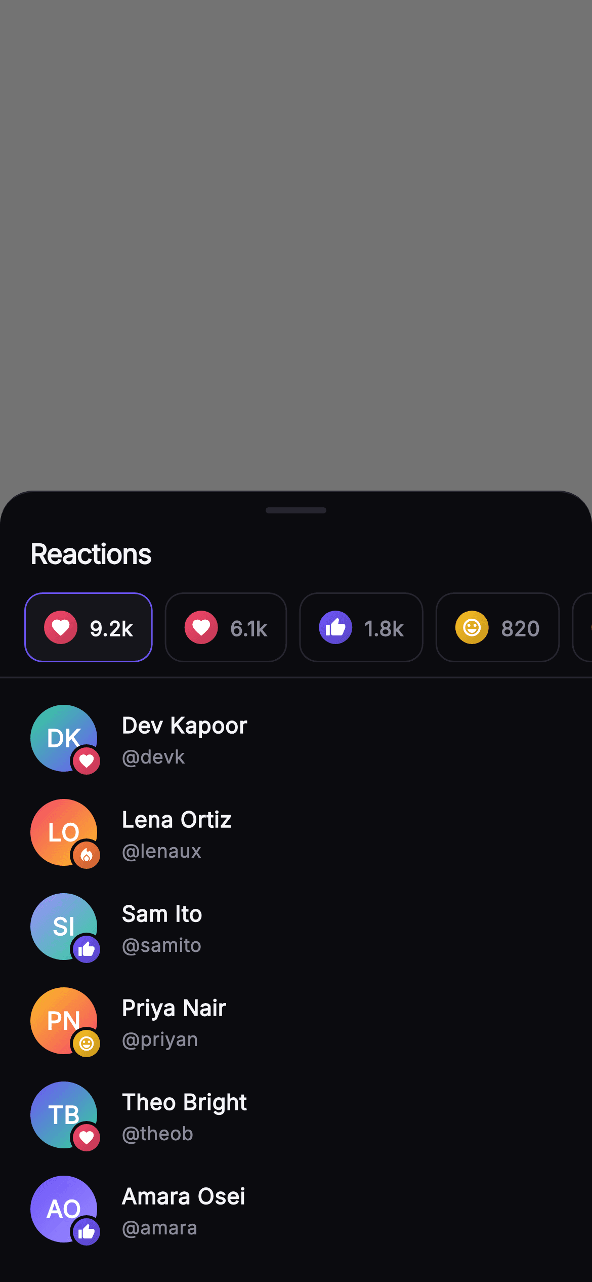 Pulse · Reactions Sheet — Social Flutter screen