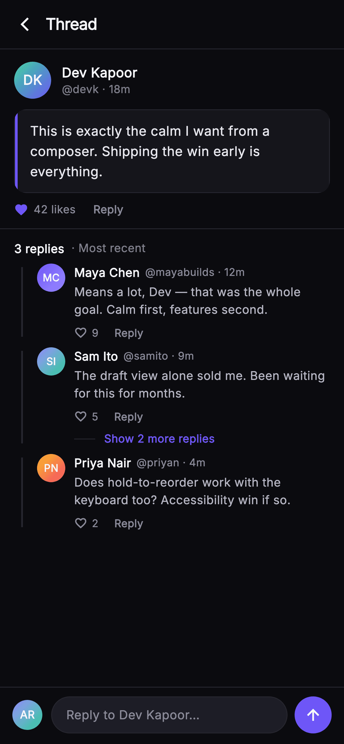 Pulse · Reply Thread — Social Flutter screen