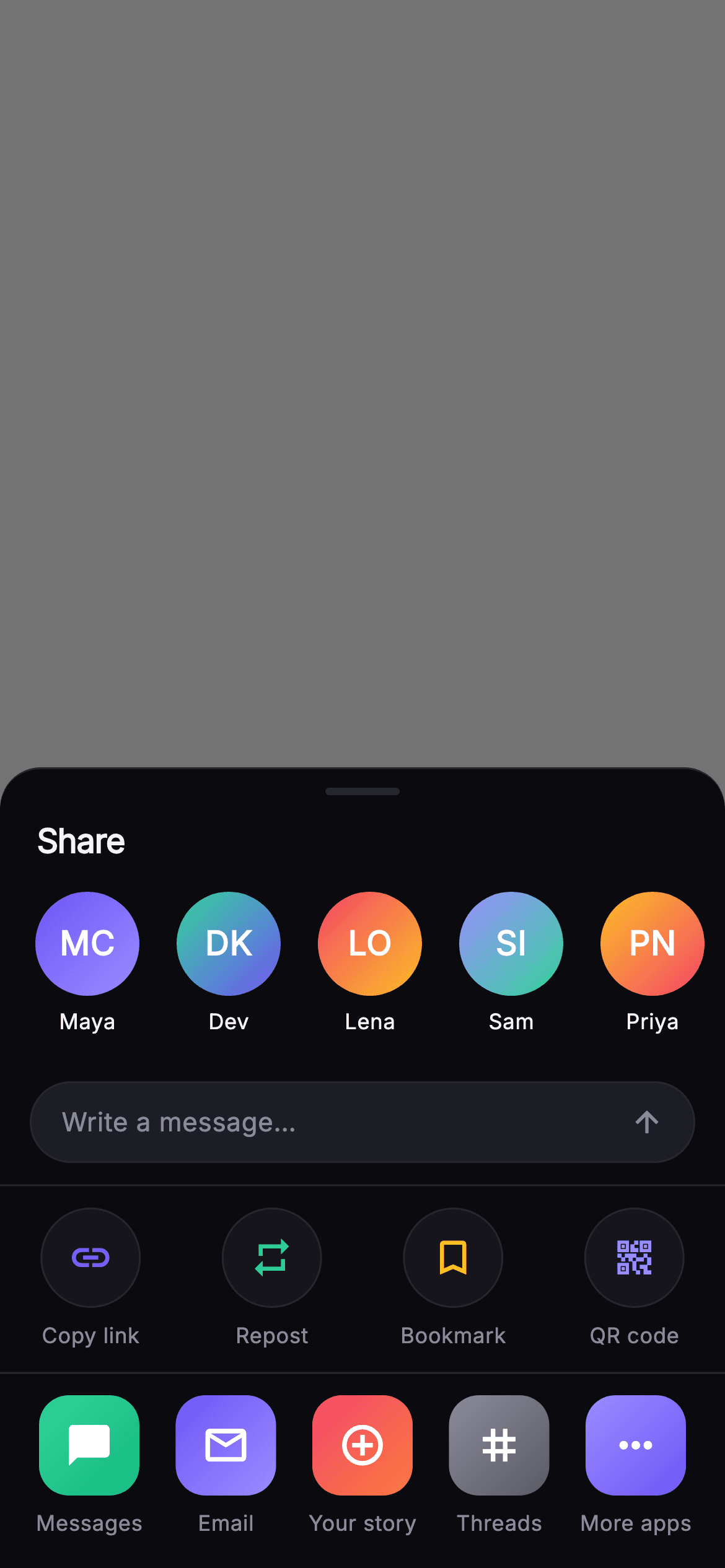 Pulse · Share Sheet — Social Flutter screen
